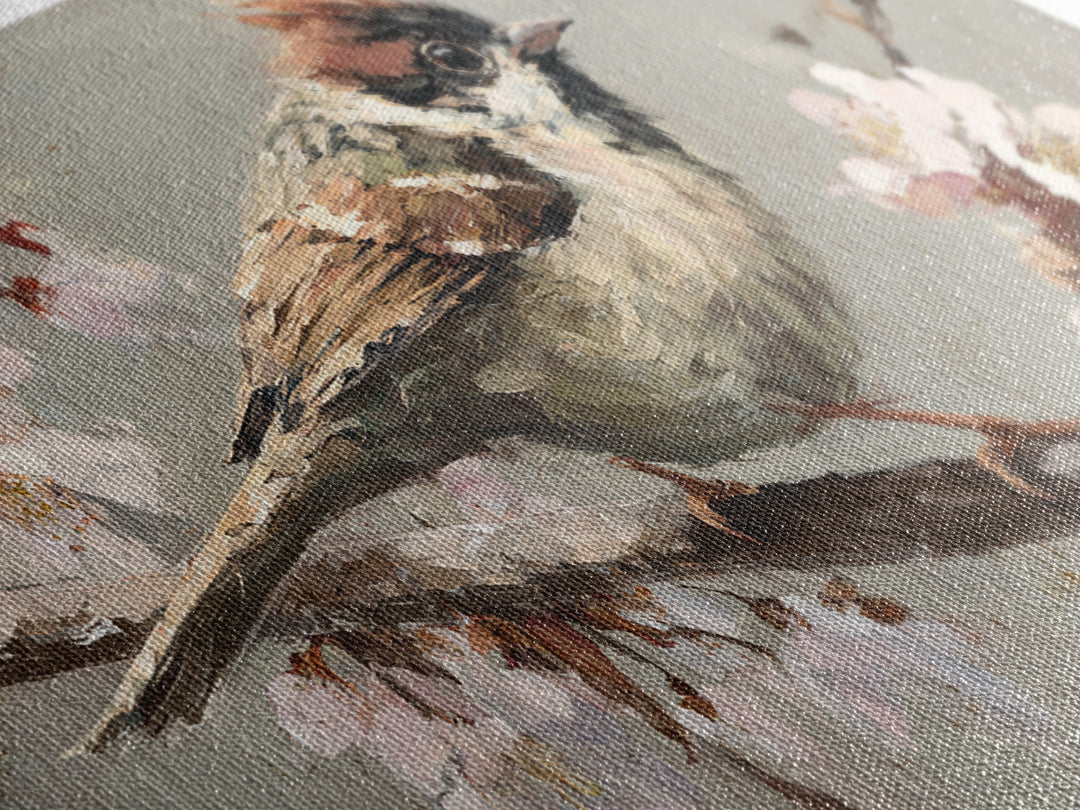 Songbird Perched on Cherry Blossoms Framed Canvas Print, Bird Art, Mid Century Wall Art, Living Room Decor, Fine Art, Flight, BIR-2x1-100