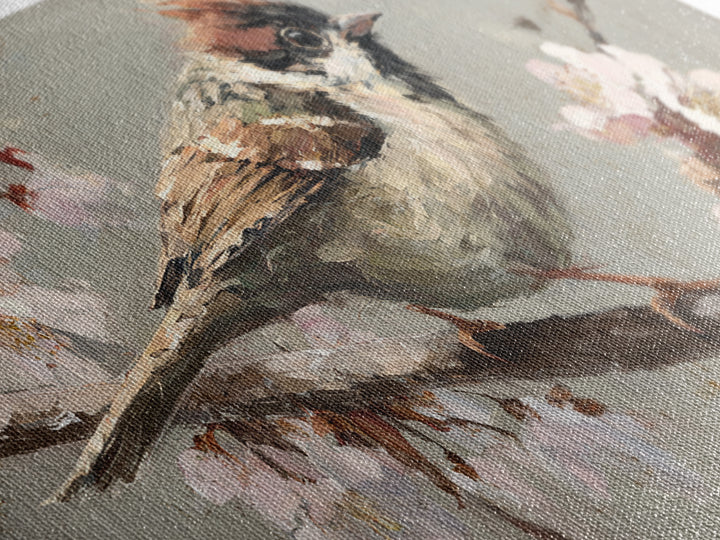 Songbird Perched on Cherry Blossoms Framed Canvas Print, Bird Art, Mid Century Wall Art, Living Room Decor, Fine Art, Flight, BIR-2x1-100