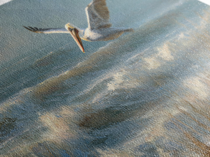 Pelican Flying over Coastal Waves Framed Canvas Print, Bird Art, Fine Art Print, Living Room Decor, Watercolor Art, Flight, BIR-2x1-14