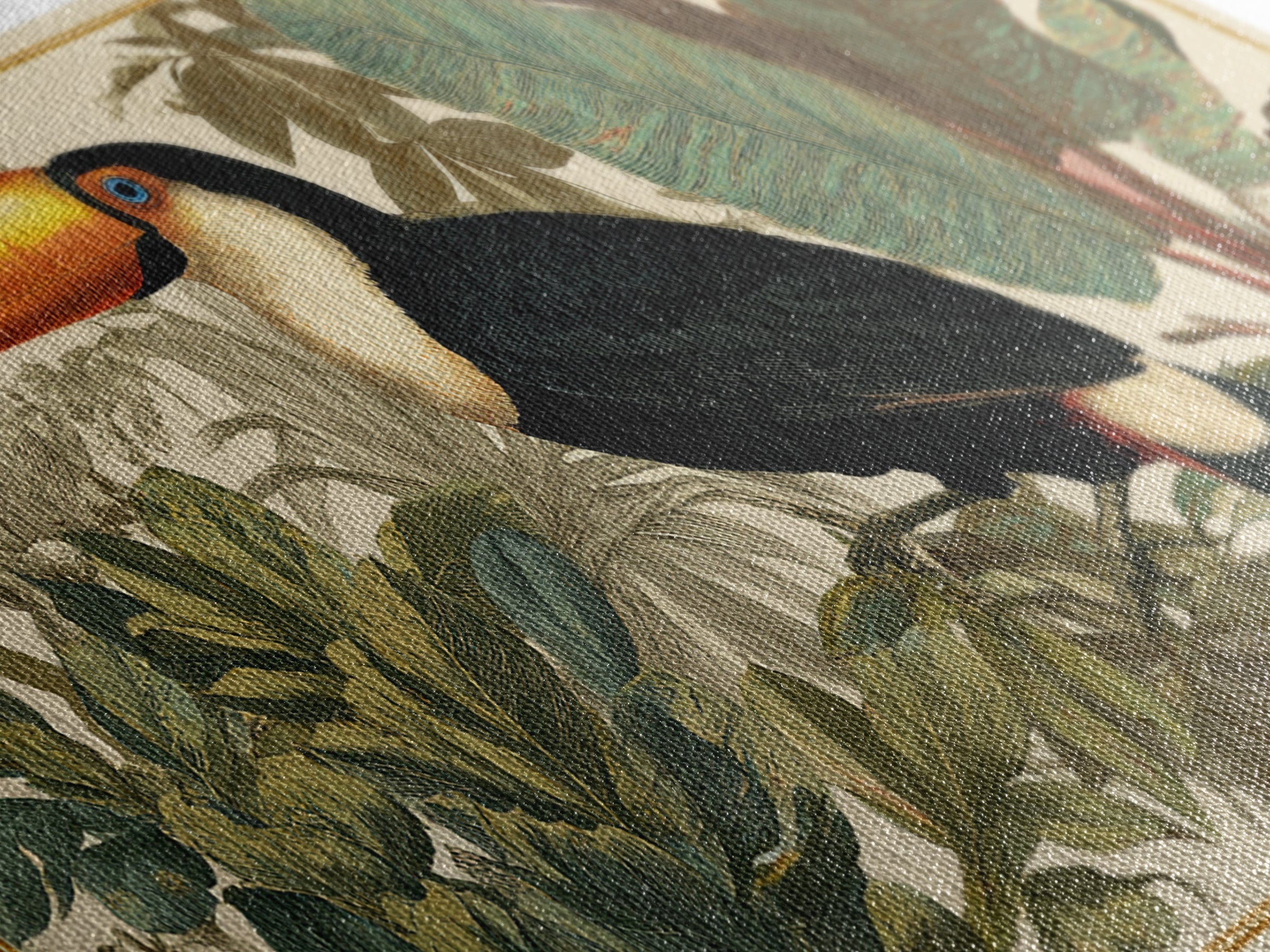Toucan Framed by Bold Jungle Foliage Framed Canvas Print, Bird Art, Mid Century Modern, Living Room Decor, Fine Art, Flight, BIR-2x1-43