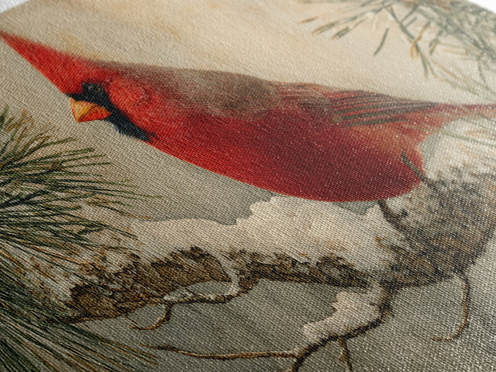 Red Cardinal on Snowy Pine Branch Framed Canvas Print, Bird Art, Art Deco, Living Room Decor, Oil Painting, Flight, BIR-2x1-45