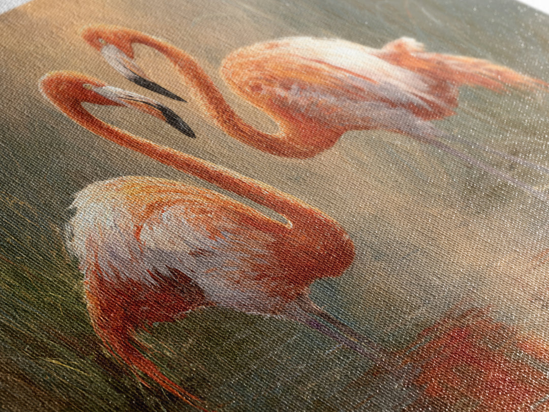 Flamingo Pair in Coral Water Reflections Canvas Print, Bird Art, Contemporary Art, Living Room Decor, Fine Art, Flight, BIR-2x1-54