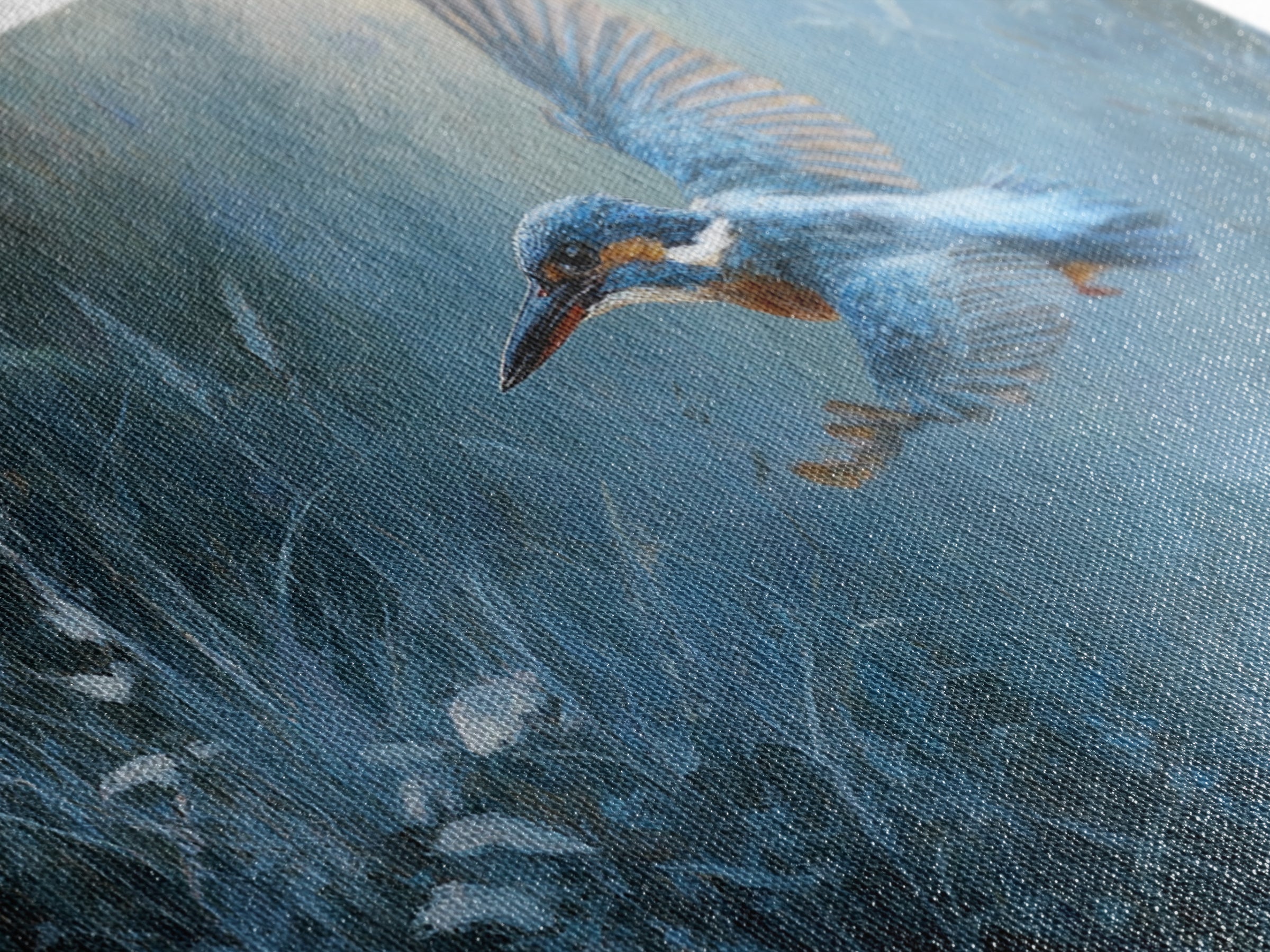 Kingfisher Diving Toward Blue Water Framed Canvas Print, Bird Art, Modern Wall Art, Living Room Decor, Fine Art, Flight, BIR-2x1-55