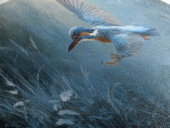 Kingfisher Diving Toward Blue Water Framed Canvas Print, Bird Art, Modern Wall Art, Living Room Decor, Fine Art, Flight, BIR-2x1-55