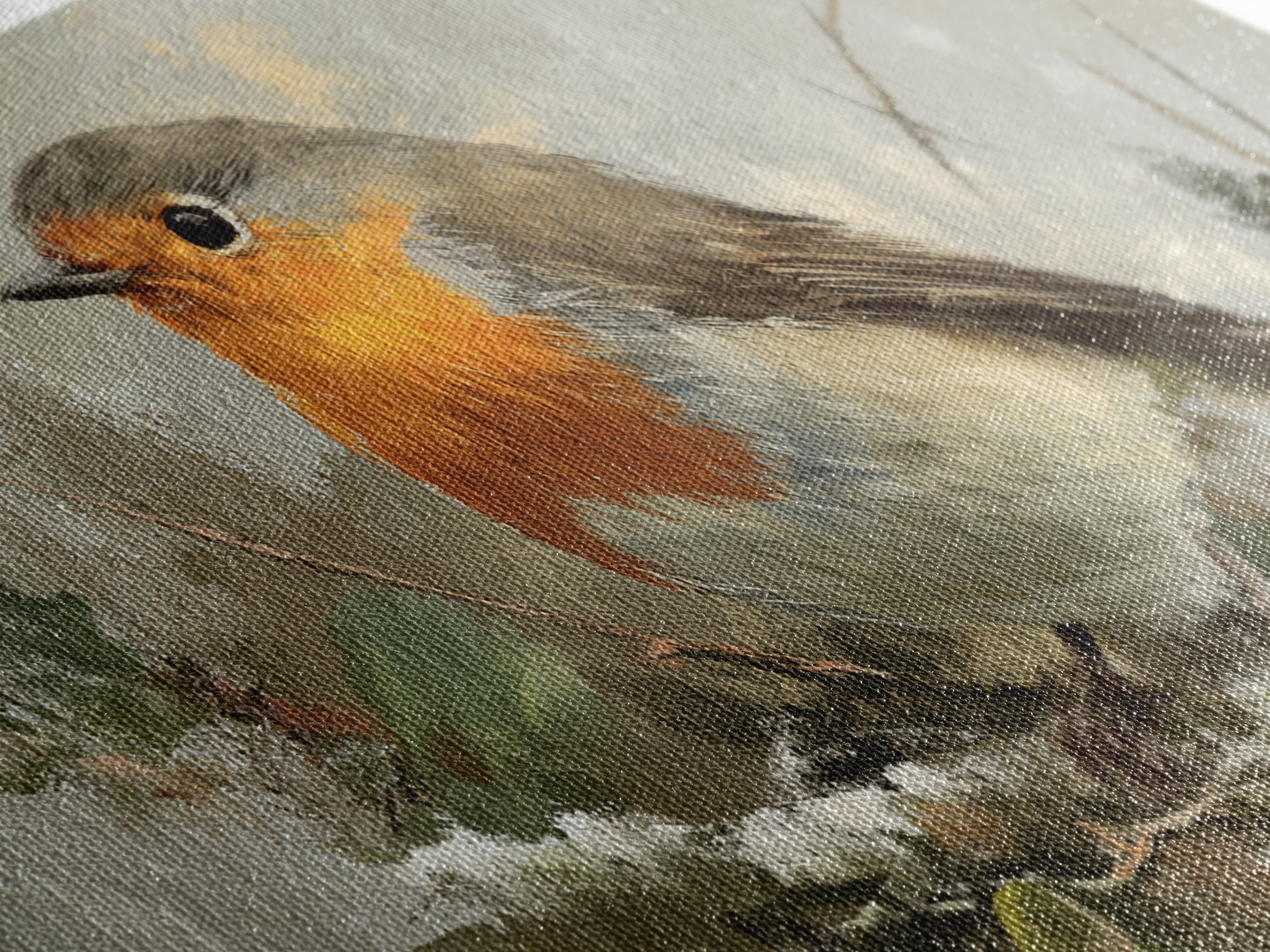 Robin in a Spring Garden with Soft Framed Canvas Print, Bird Art, Bird Prints, Living Room Decor, Watercolor Art, Flight, BIR-2x1-59