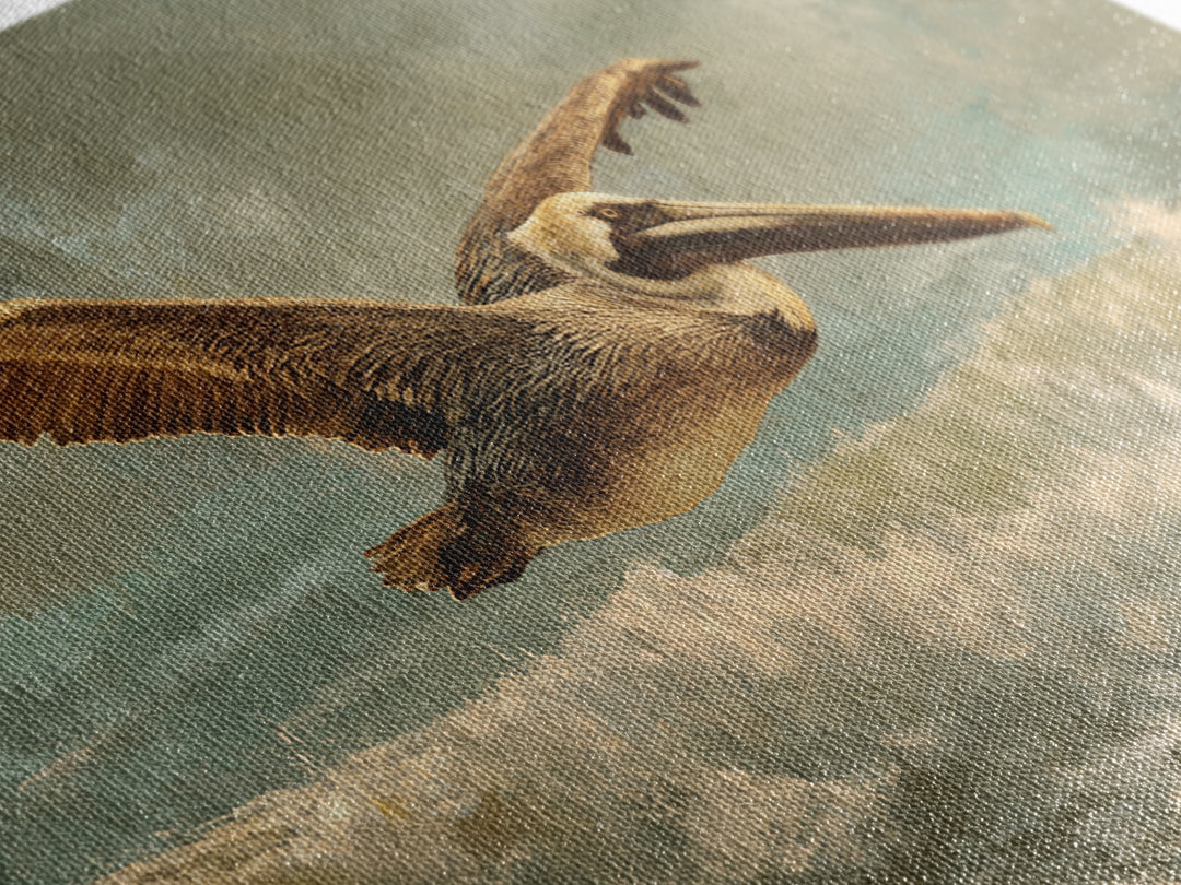 Pelican Flying over Coastal Waves Canvas Print, Bird Art, Room Decor, Living Room Decor, Oil Painting, Flight, Digital Print, BIR-2x1-62