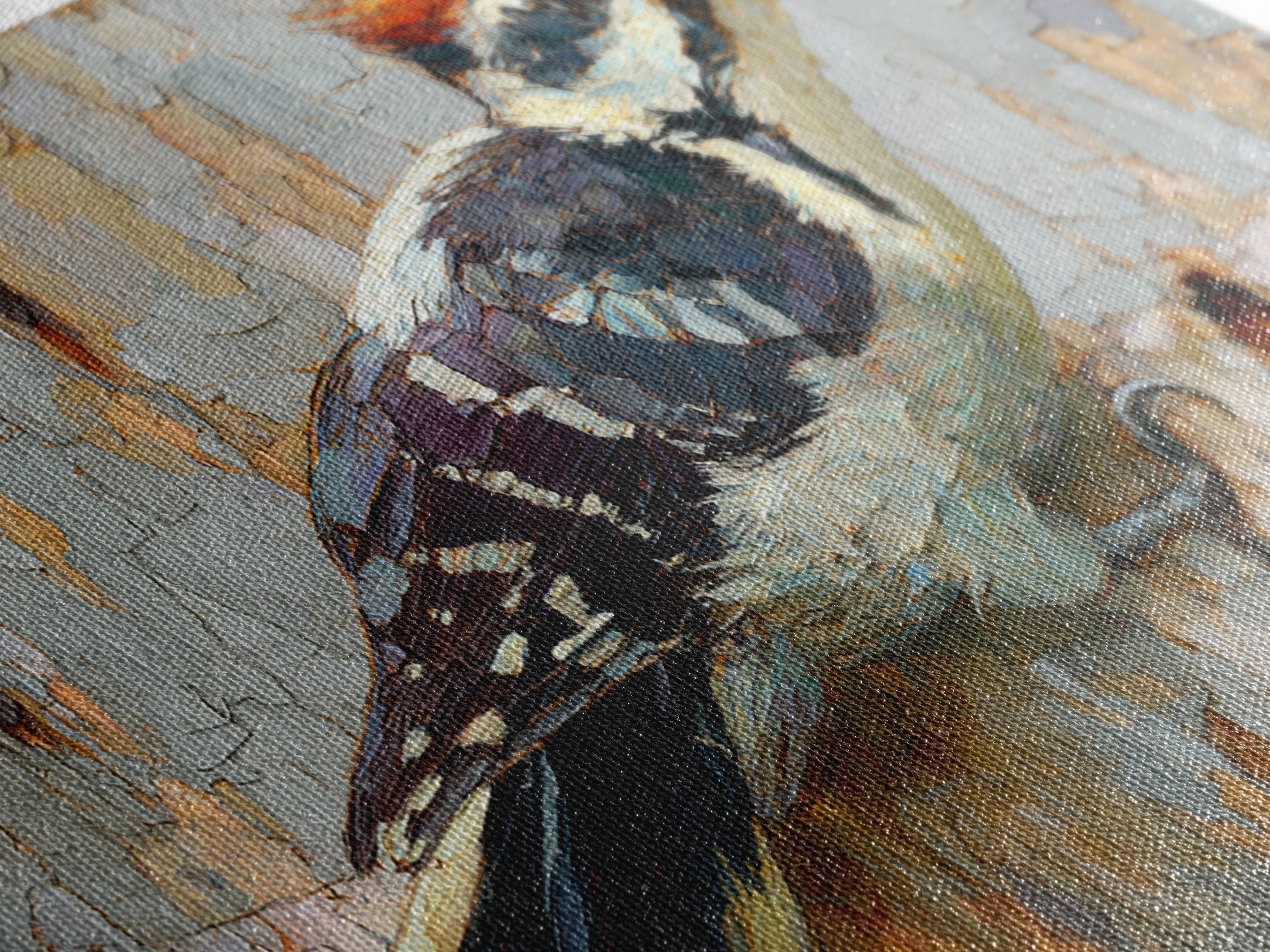 Woodpecker on Birch Bark Texture Framed Canvas Print, Bird Art, Mid Century Modern, Living Room Decor, Abstract Art, Flight, BIR-2x1-65
