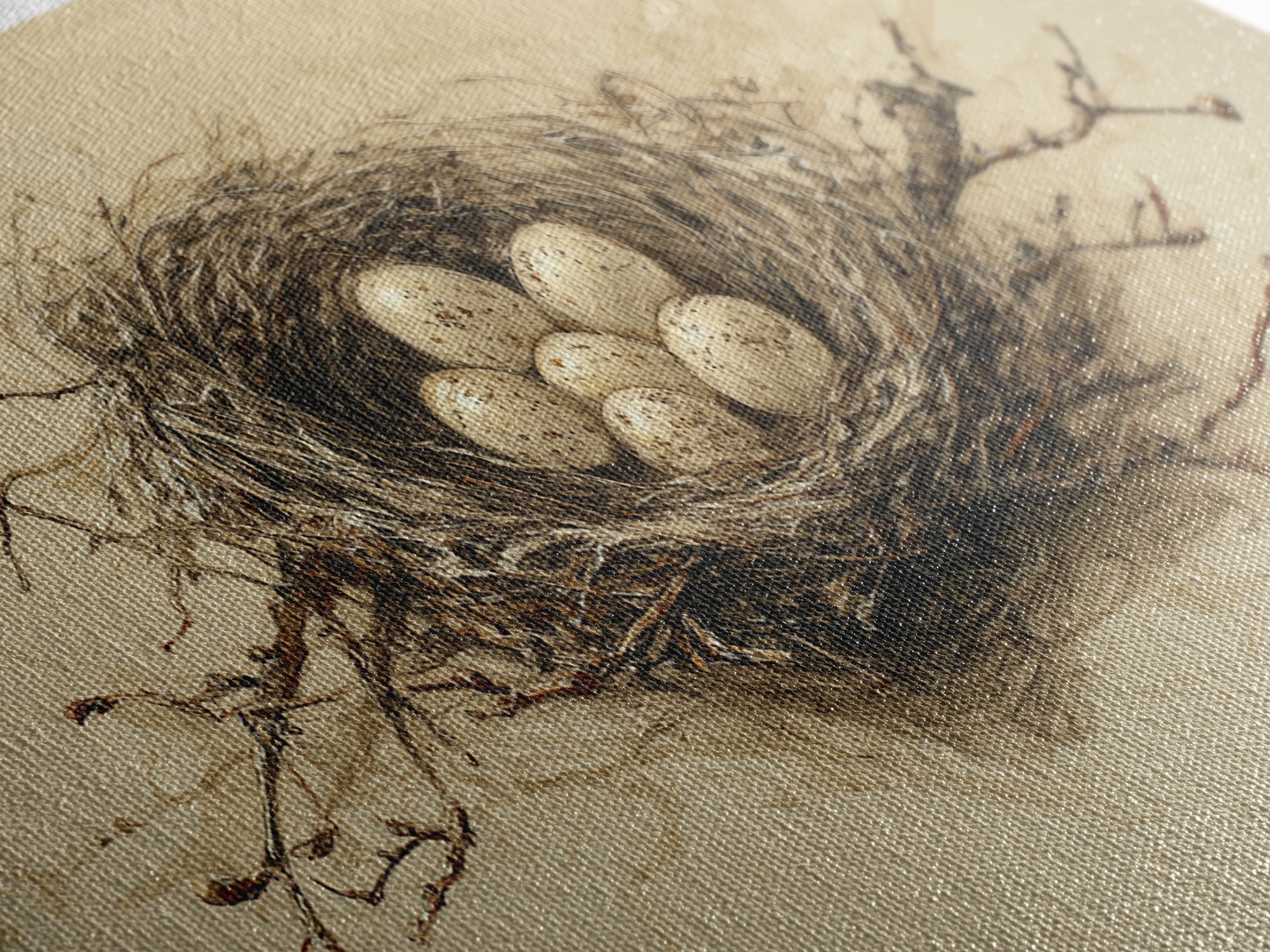 Bird Nest with Eggs and Delicate Twigs Canvas Print, Bird Art, Textured Painting, Living Room Decor, Watercolor Art, Flight, BIR-2x1-66