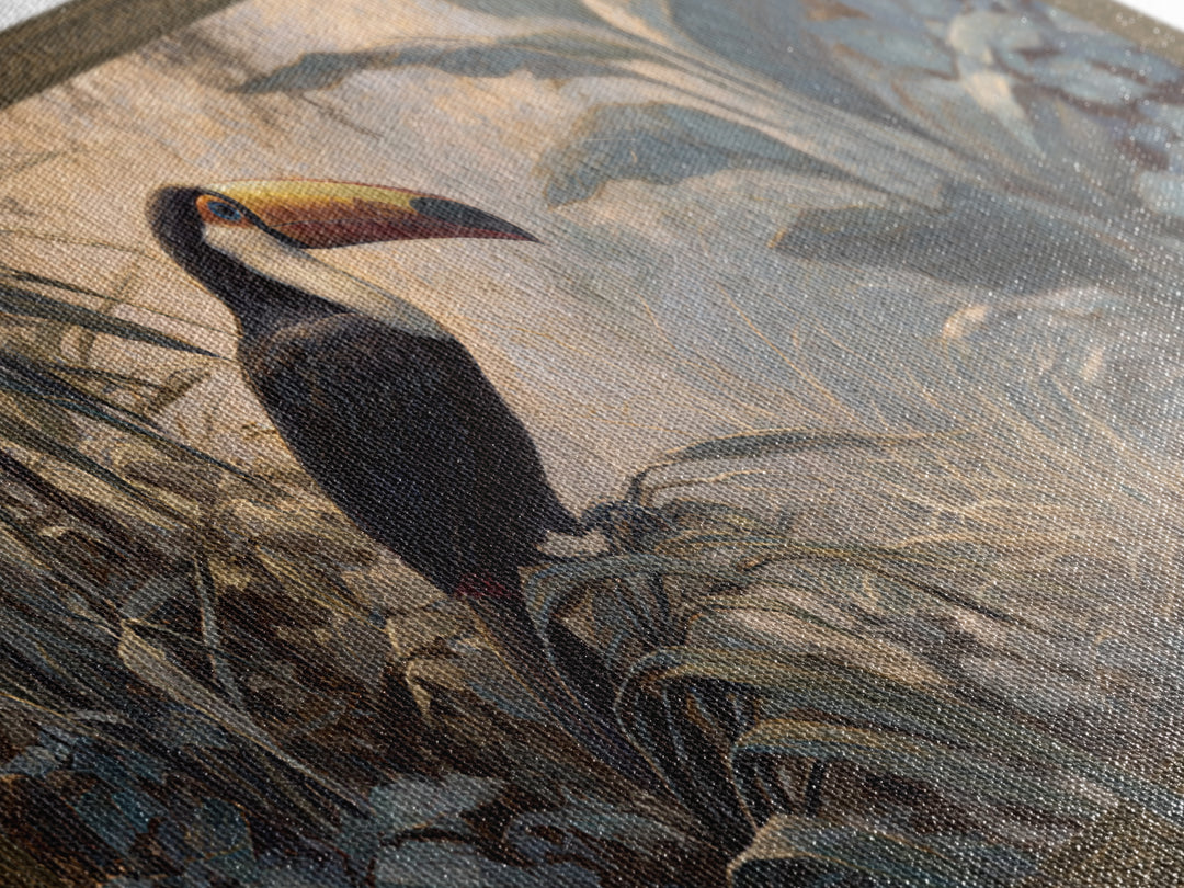 Toucan Framed by Bold Jungle Foliage Framed Canvas Print, Bird Art, Rustic Home Decor, Living Room Decor, Fine Art, Flight, BIR-2x1-67