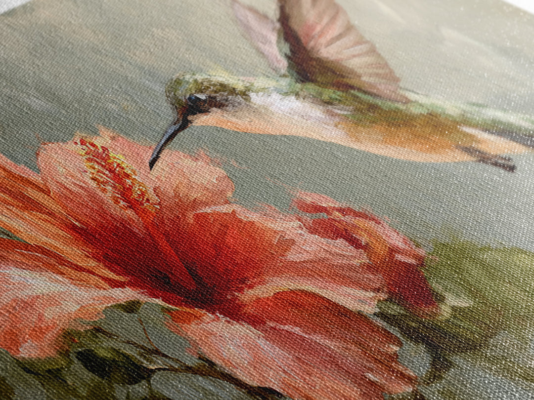 Hummingbird Hovering Beside Bright Hibiscus Framed Canvas Print, Bird Art, Printable Art, Living Room Decor, Fine Art, Flight, BIR-2x1-72