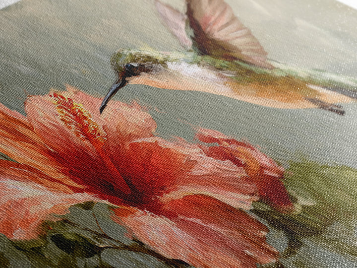 Hummingbird Hovering Beside Bright Hibiscus Framed Canvas Print, Bird Art, Printable Art, Living Room Decor, Fine Art, Flight, BIR-2x1-72