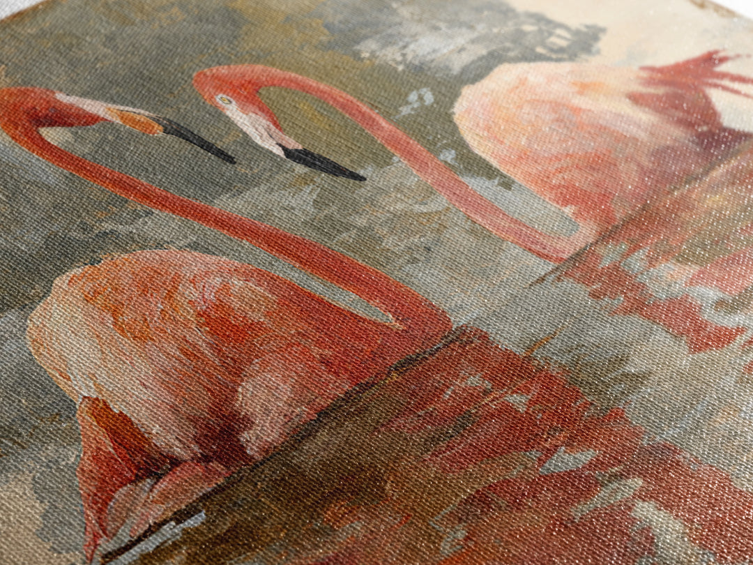 Flamingo Pair in Coral Water Reflections Canvas Print, Bird Art, Contemporary Art, Living Room Decor, Fine Art, Flight, BIR-2x1-78