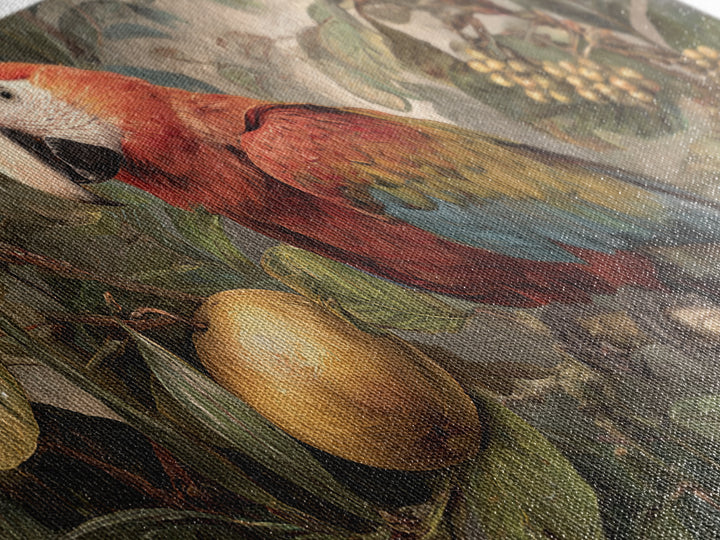 Parrot Among Tropical Leaves and Fruit Framed Canvas Print, Bird Art, Printable Art, Living Room Decor, Watercolor Art, Flight, BIR-2x1-81