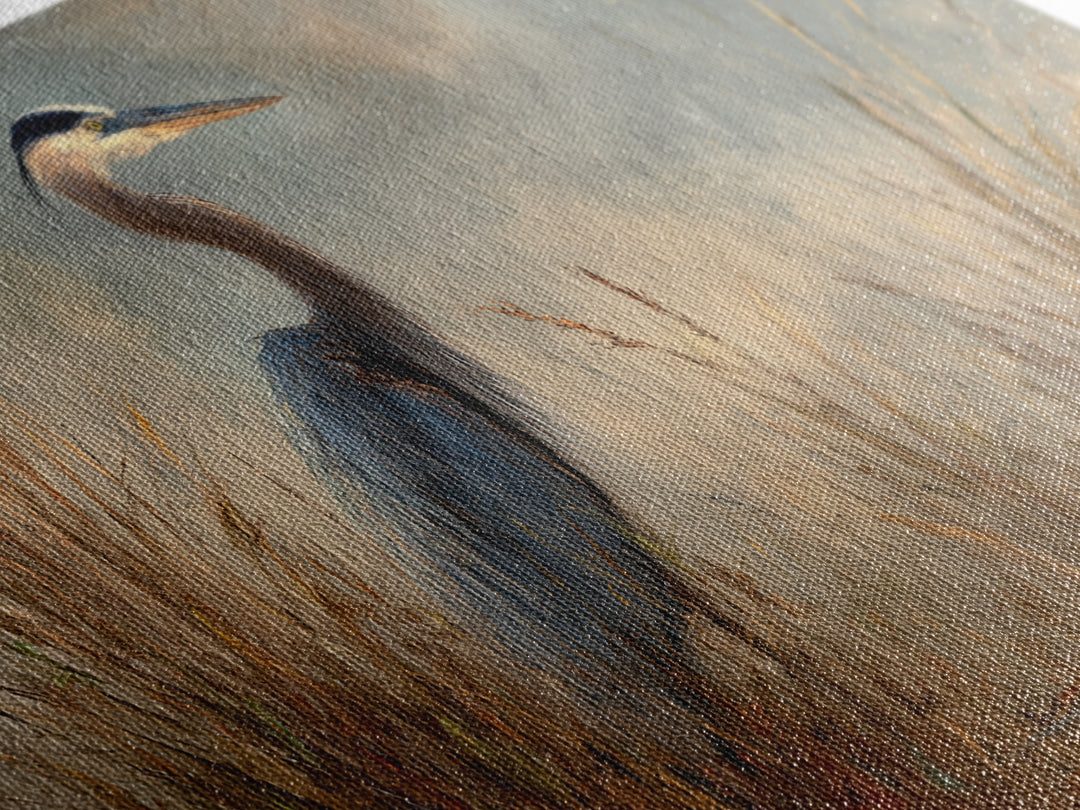 Blue Heron in Misty Marsh Grass Canvas Print, Bird Art, Digital Prints, Living Room Decor, Fine Art, Flight, Modern Art, BIR-2x1-94