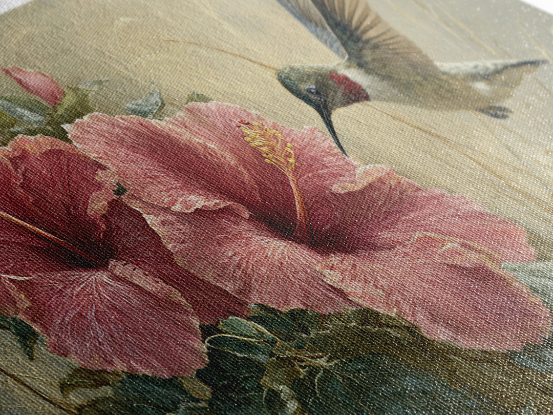 Hummingbird Hovering Beside Bright Hibiscus Framed Canvas Print, Bird Art, Bird Prints, Living Room Decor, Oil Painting, Flight, BIR-2x1-96