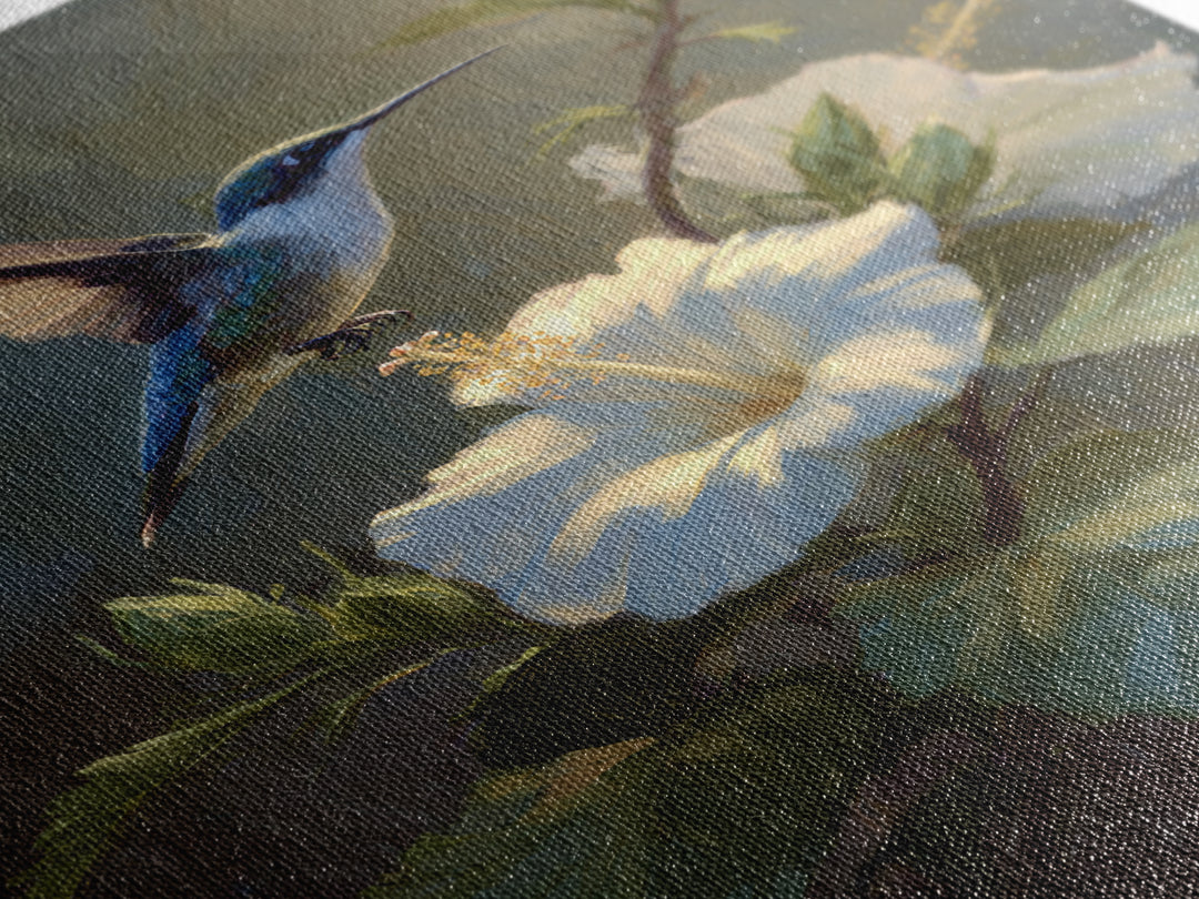 Hummingbird Hovering Beside Bright Hibiscus Framed Canvas Print, Bird Art, Minimalist Decor, Living Room Decor, Oil Painting, BIR-2x3-12