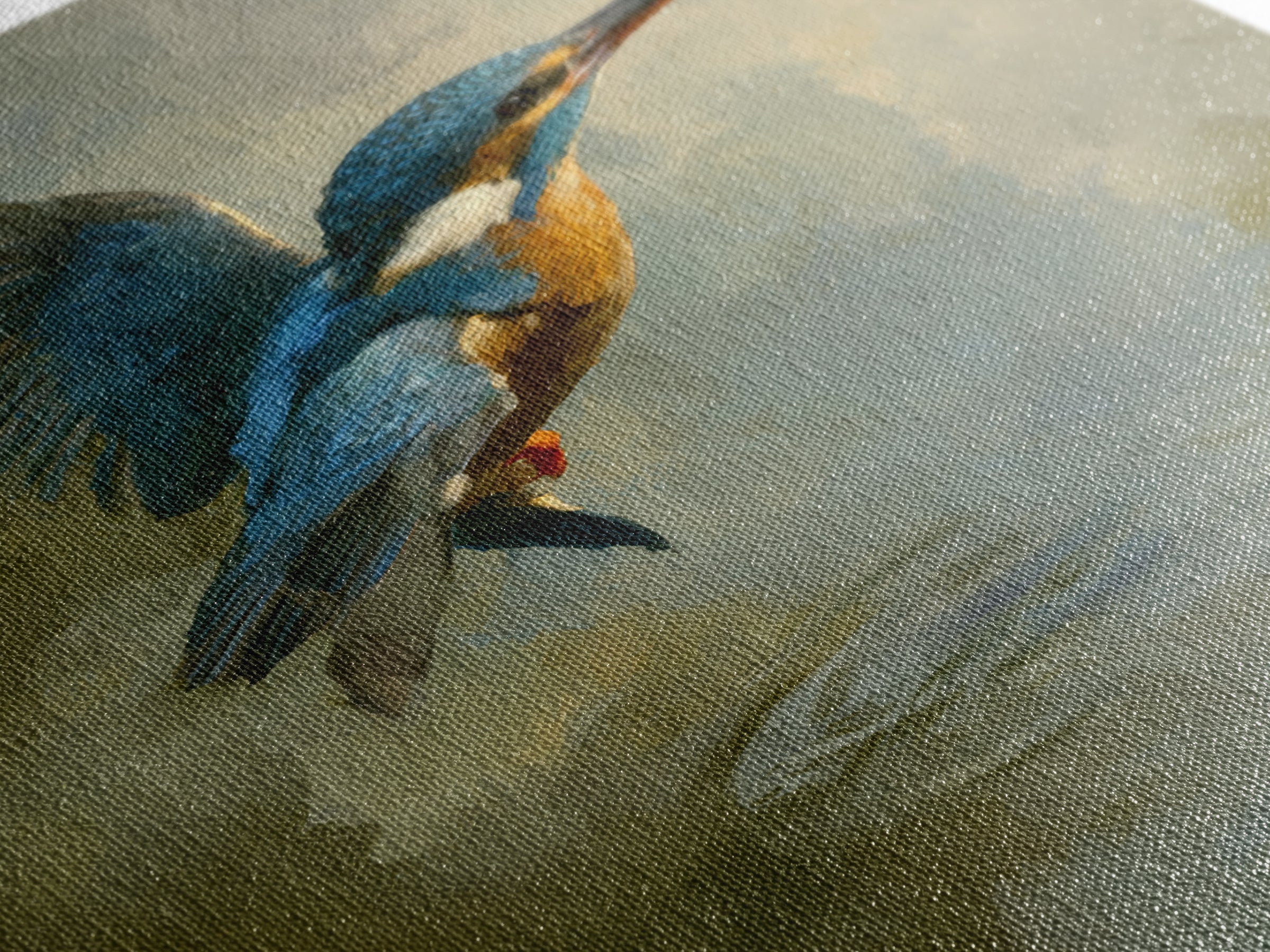 Kingfisher Diving Toward Blue Water Framed Canvas Print, Bird Art, Neutral Decor, Living Room Decor, Fine Art, Flight, BIR-2x3-19