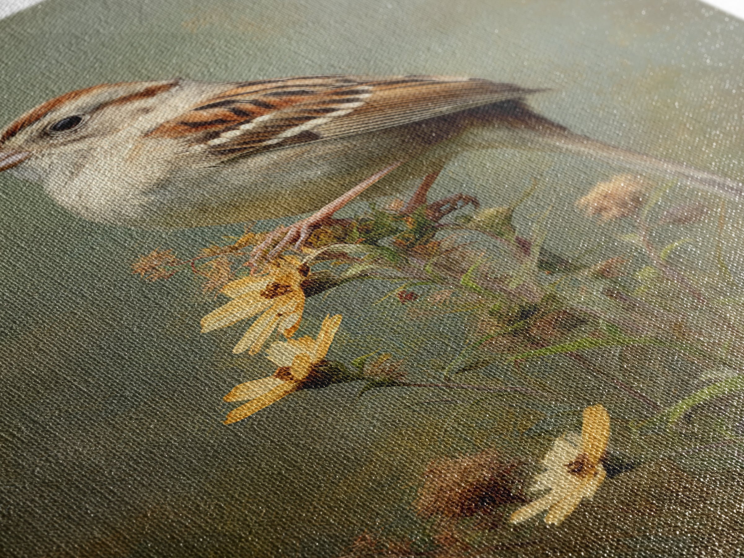Small Sparrow on Wildflower Stem Framed Canvas Print, Bird Art, Textured Painting, Living Room Decor, Fine Art, Flight, BIR-2x3-22
