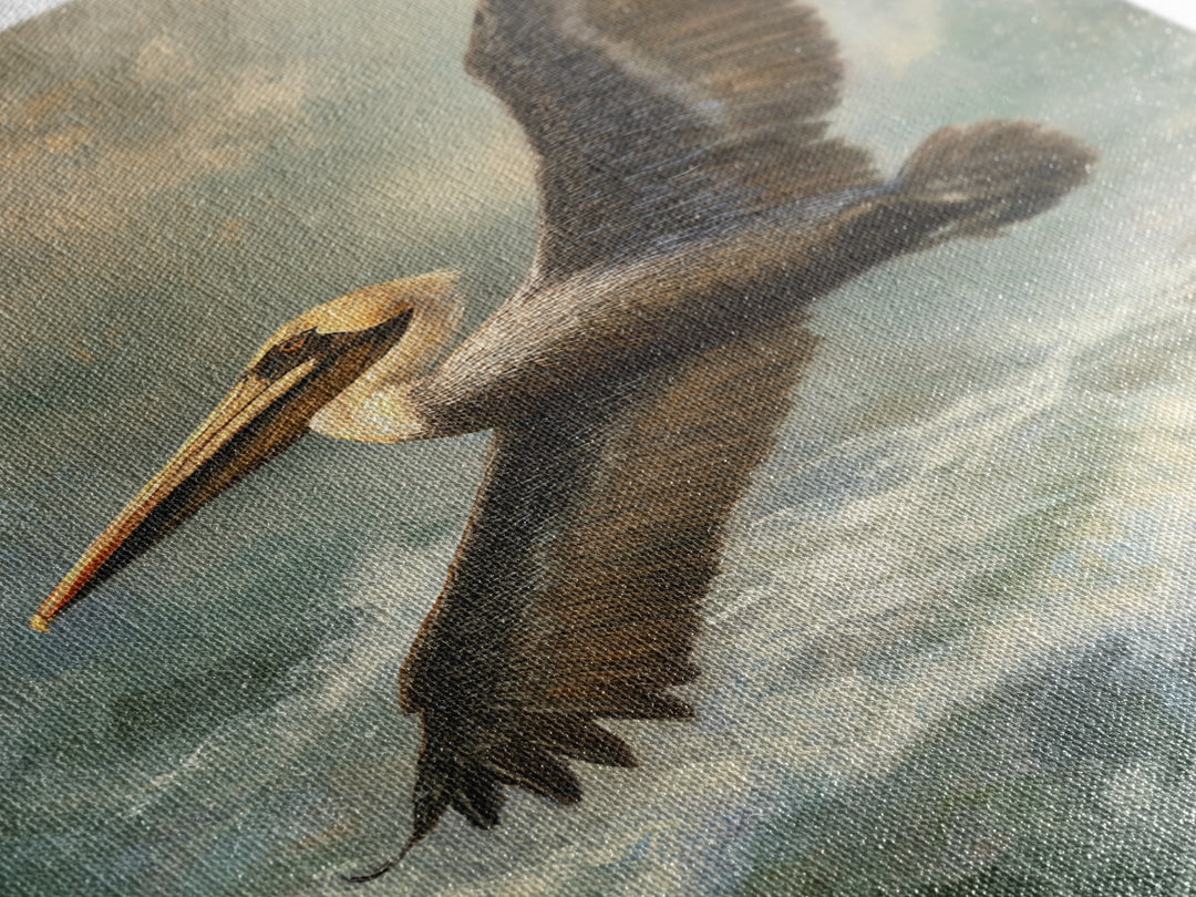 Pelican Flying over Coastal Waves Framed Canvas Print, Bird Art, Boho Decor, Living Room Decor, Abstract Art, Flight, BIR-2x3-26