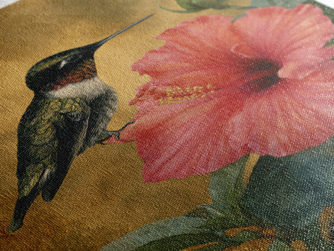 Hummingbird Hovering Beside Bright Hibiscus Canvas Print, Bird Art, Mid Century Wall Art, Living Room Decor, Flight, BIR-2x3-36