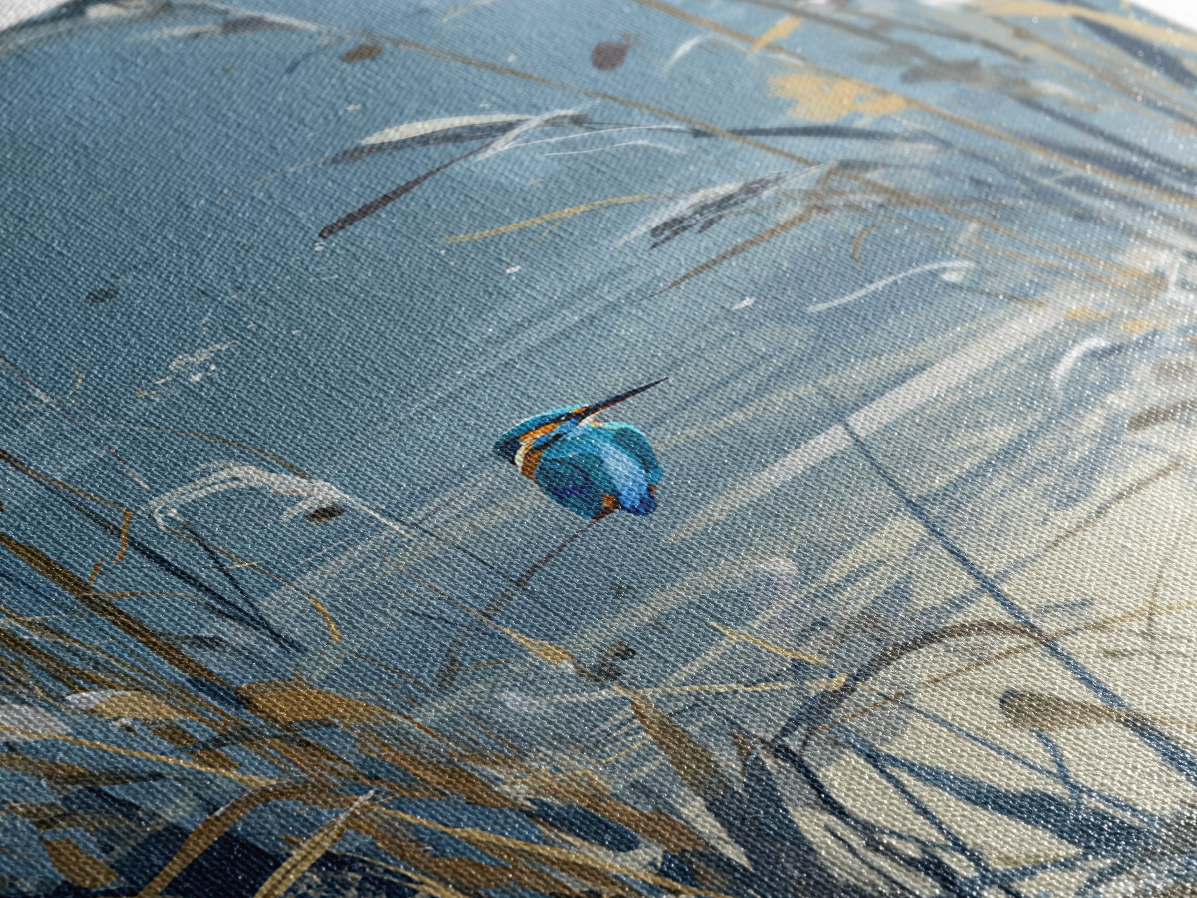 Kingfisher Diving Toward Blue Water Framed Canvas Print, Bird Art, Contemporary Art, Living Room Decor, Fine Art, Flight, BIR-2x3-43