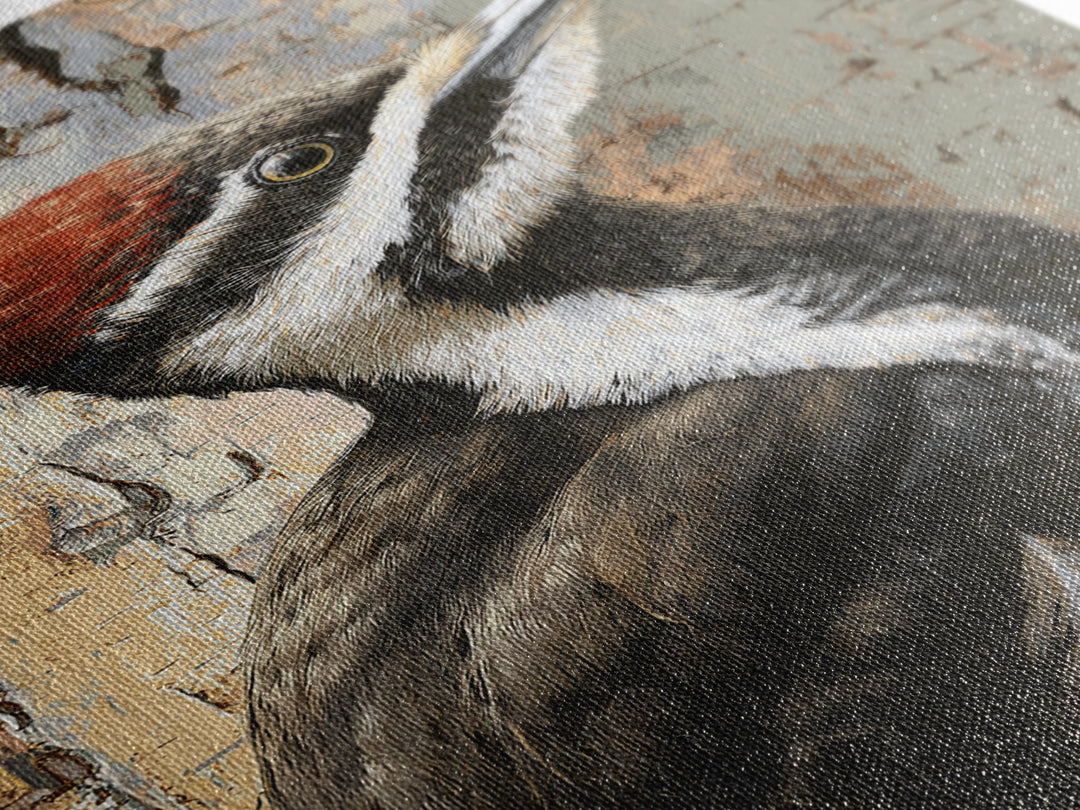 Woodpecker on Birch Bark Texture Framed Canvas Print, Bird Art, Original Art, Living Room Decor, Oil Painting, Flight, BIR-2x3-53