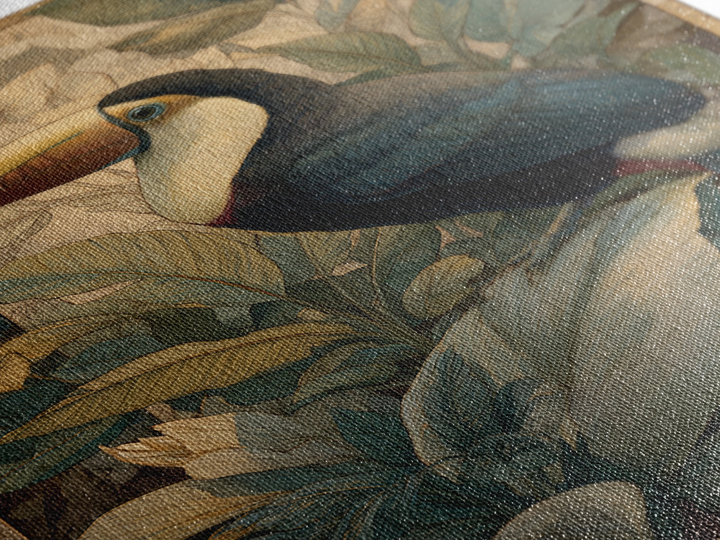 Toucan Framed by Bold Jungle Foliage Framed Canvas Print, Bird Art, Textured Painting, Living Room Decor, Fine Art, Flight, BIR-2x3-55