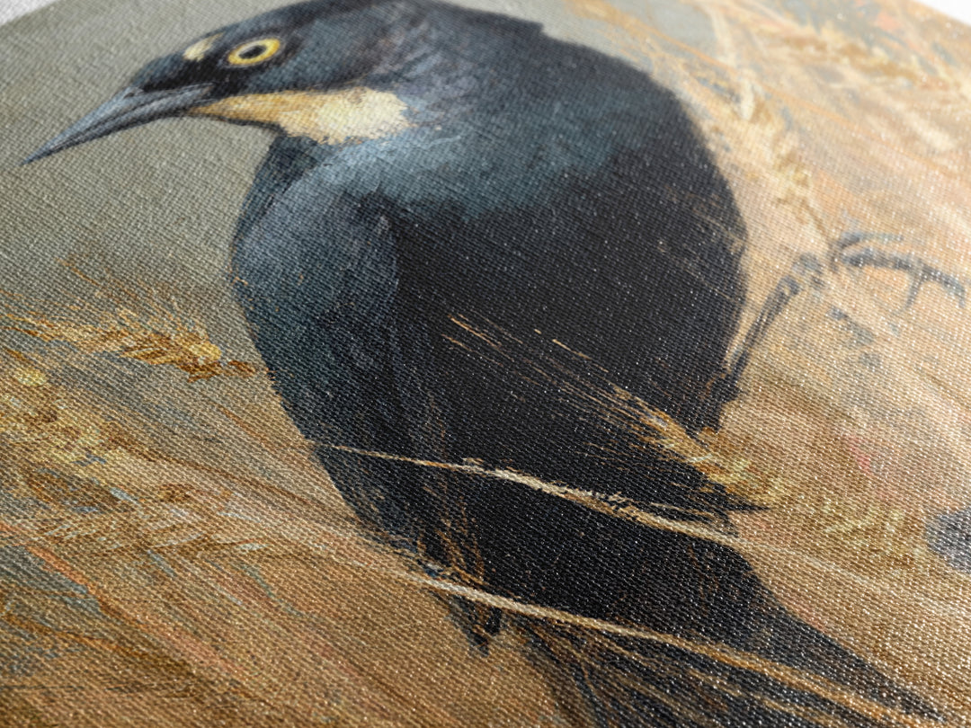 Blackbird on Gold Wheat Field Framed Canvas Print, Bird Art, Neutral Decor, Living Room Decor, Abstract Art, Flight, Wall Art, BIR-2x3-56