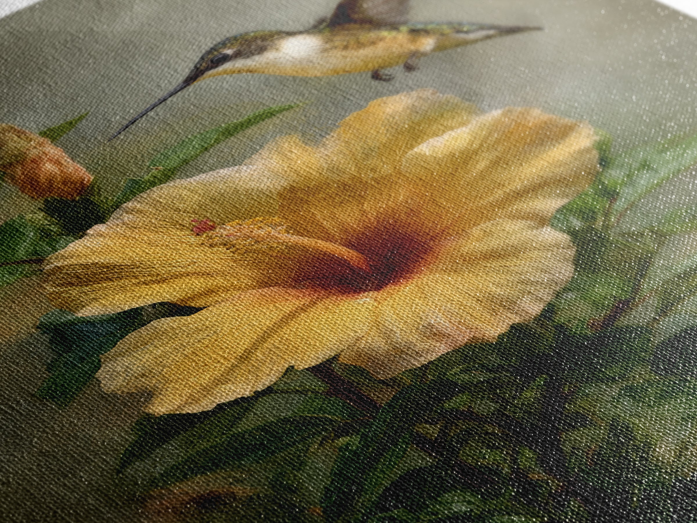 Hummingbird Hovering Beside Bright Hibiscus Framed Canvas Print, Bird Art, Wall Art, Living Room Decor, Fine Art, Flight, BIR-2x3-60