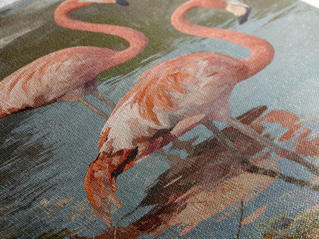 Flamingo Pair in Coral Water Reflections Canvas Print, Bird Art, Home Decor, Living Room Decor, Oil Painting, Flight, BIR-2x3-66