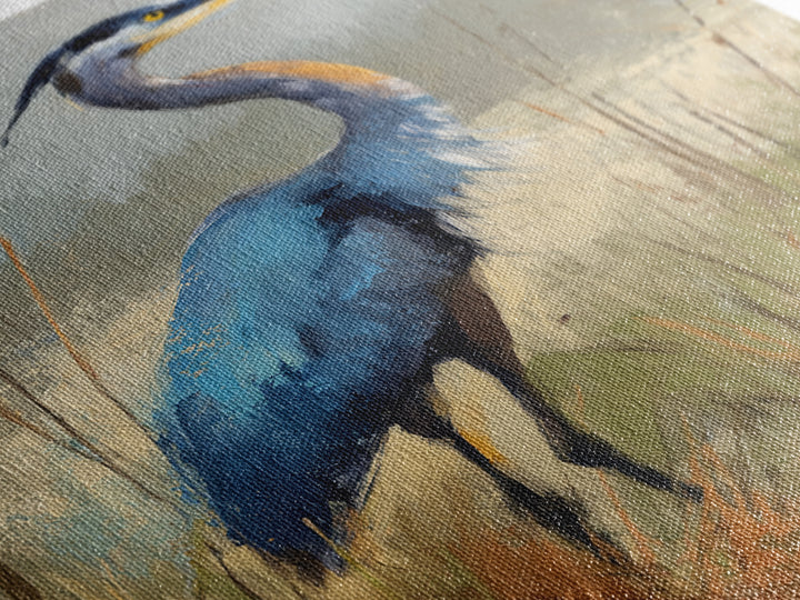 Blue Heron in Misty Marsh Grass Canvas Print, Bird Art, Mid Century Modern, Living Room Decor, Flight, Botanical Wall Art, BIR-2x3-82