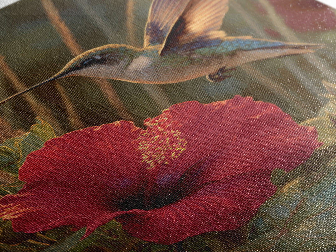Hummingbird Hovering Beside Bright Hibiscus Framed Canvas Print, Bird Art, Nature Prints, Living Room Decor, Fine Art, Flight, BIR-2x3-84