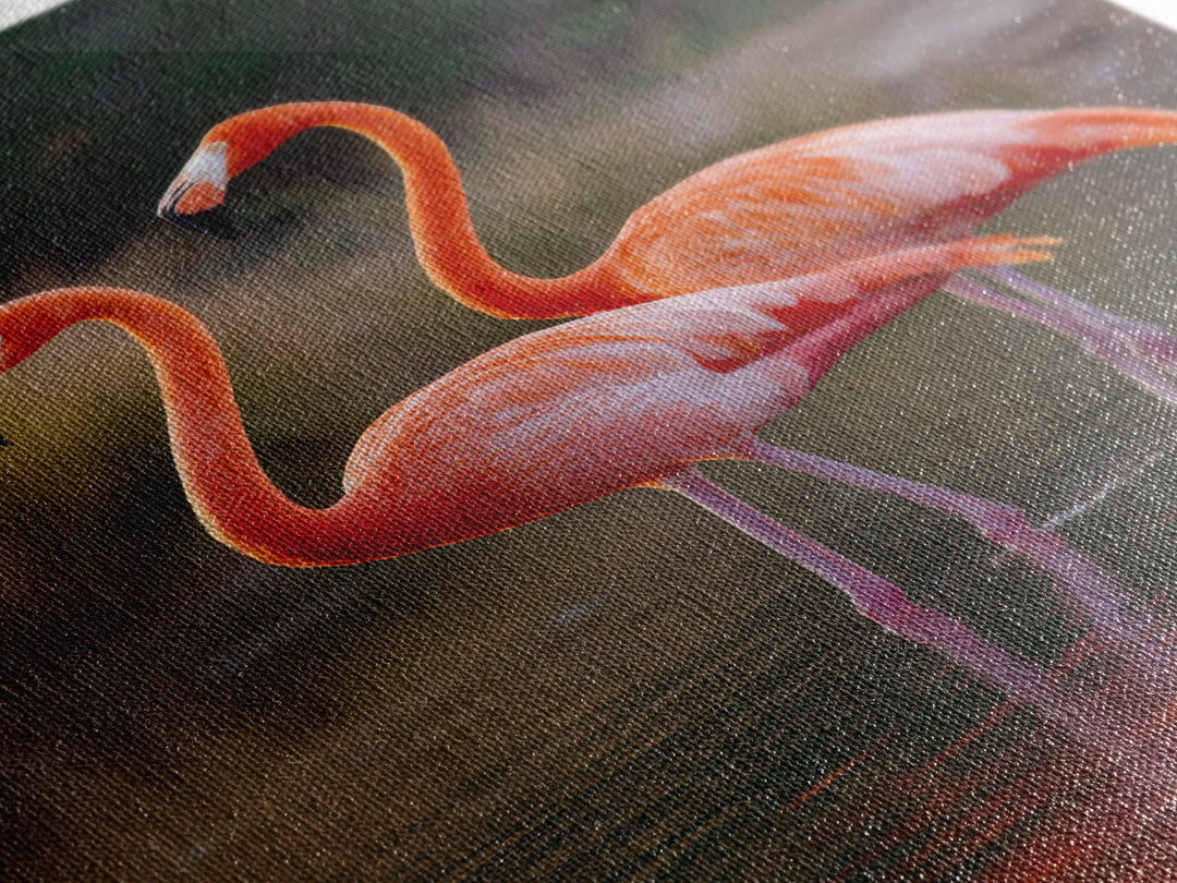 Flamingo Pair in Coral Water Reflections Framed Canvas Print, Bird Art, Original Art, Living Room Decor, Fine Art, Flight, BIR-2x3-90