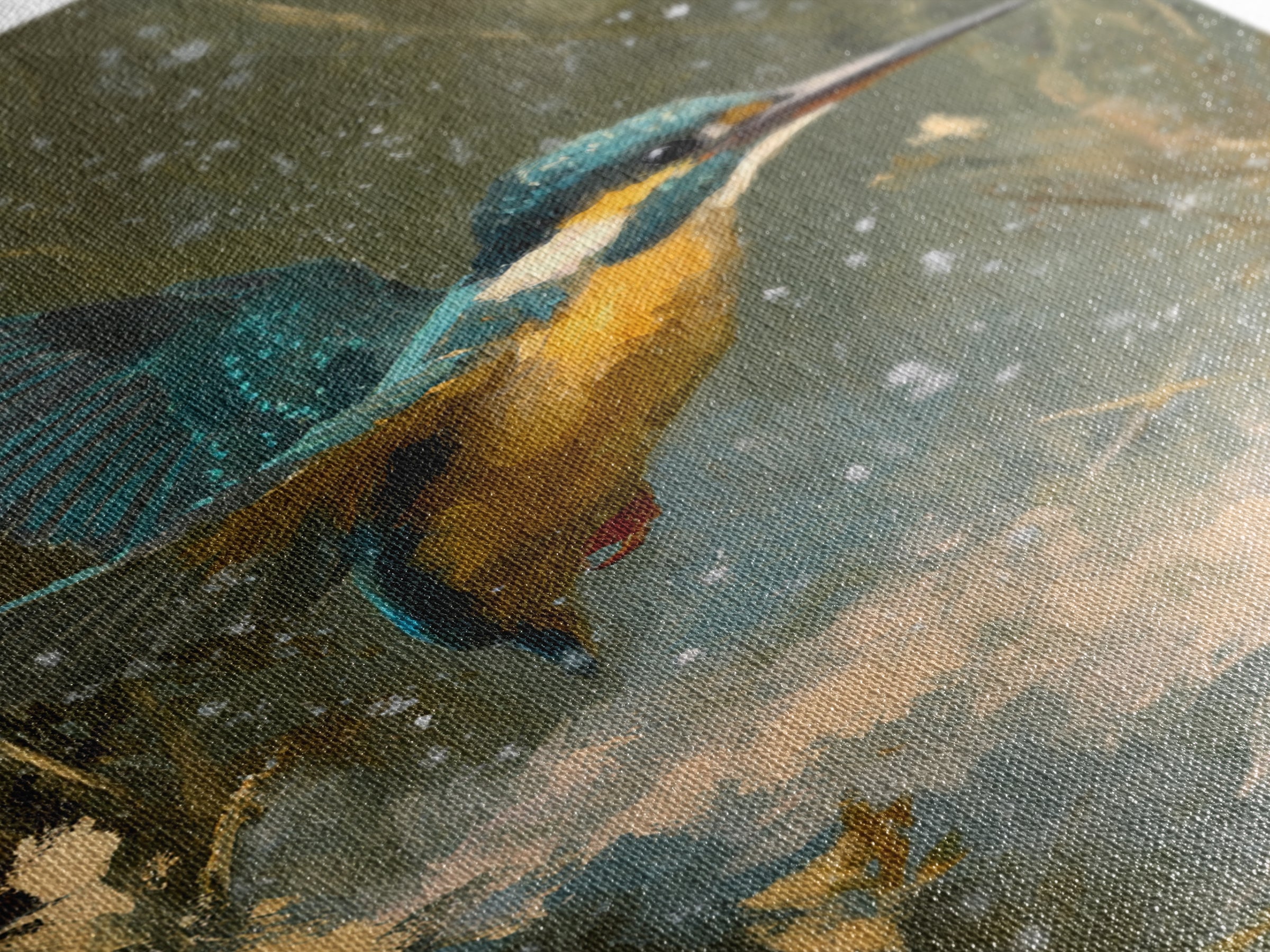 Kingfisher Diving Toward Blue Water Canvas Print, Bird Art, Modern Art, Living Room Decor, Fine Art, Flight, Floral Art, BIR-2x3-91