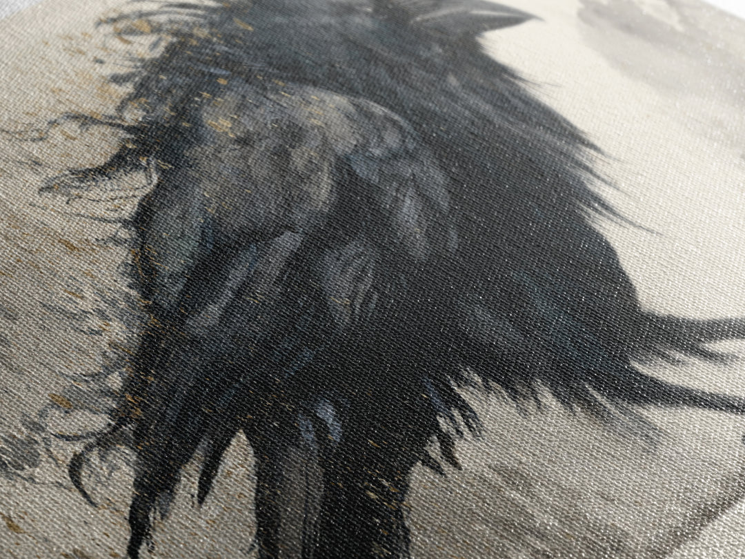 Raven Silhouette with Gothic Atmosphere Framed Canvas Print, Bird Art, Modern Wall Art, Living Room Decor, Fine Art, Flight, BIR-3x1-1