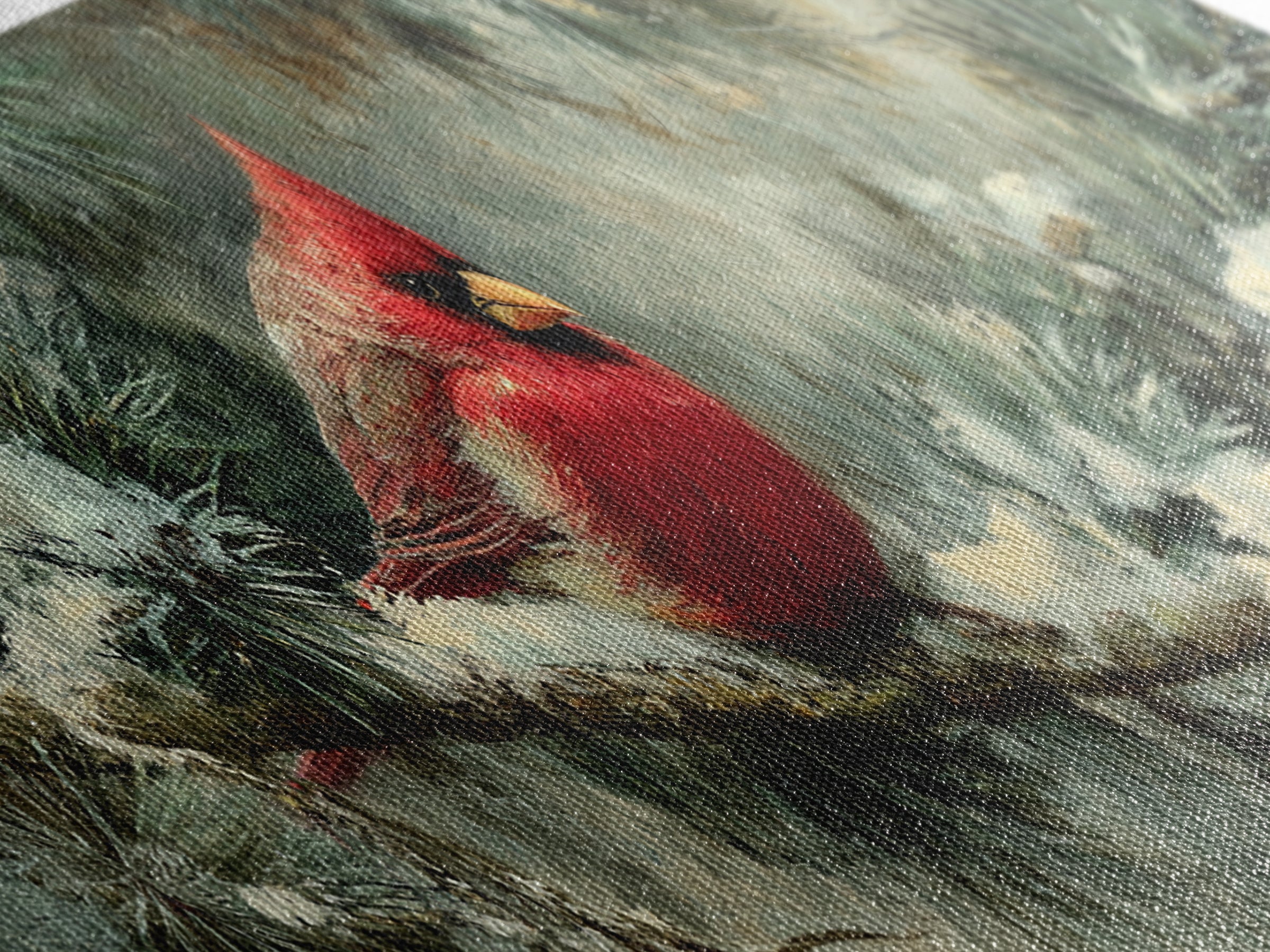 Red Cardinal on Snowy Pine Branch Framed Canvas Print, Bird Art, Botanical Wall Art, Living Room Decor, Watercolor Art, Flight, BIR-3x1-17