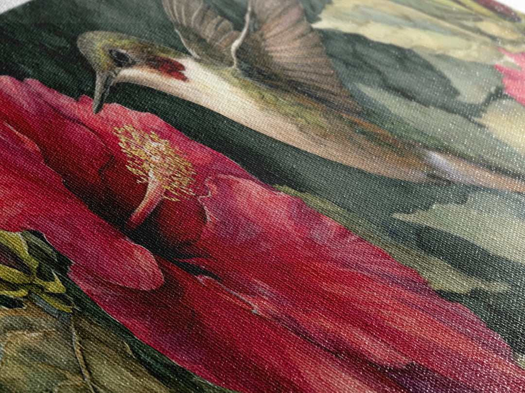 Hummingbird Hovering Beside Bright Hibiscus Canvas Print, Bird Art, Bird Wall Art, Living Room Decor, Fine Art, Flight, BIR-3x1-20