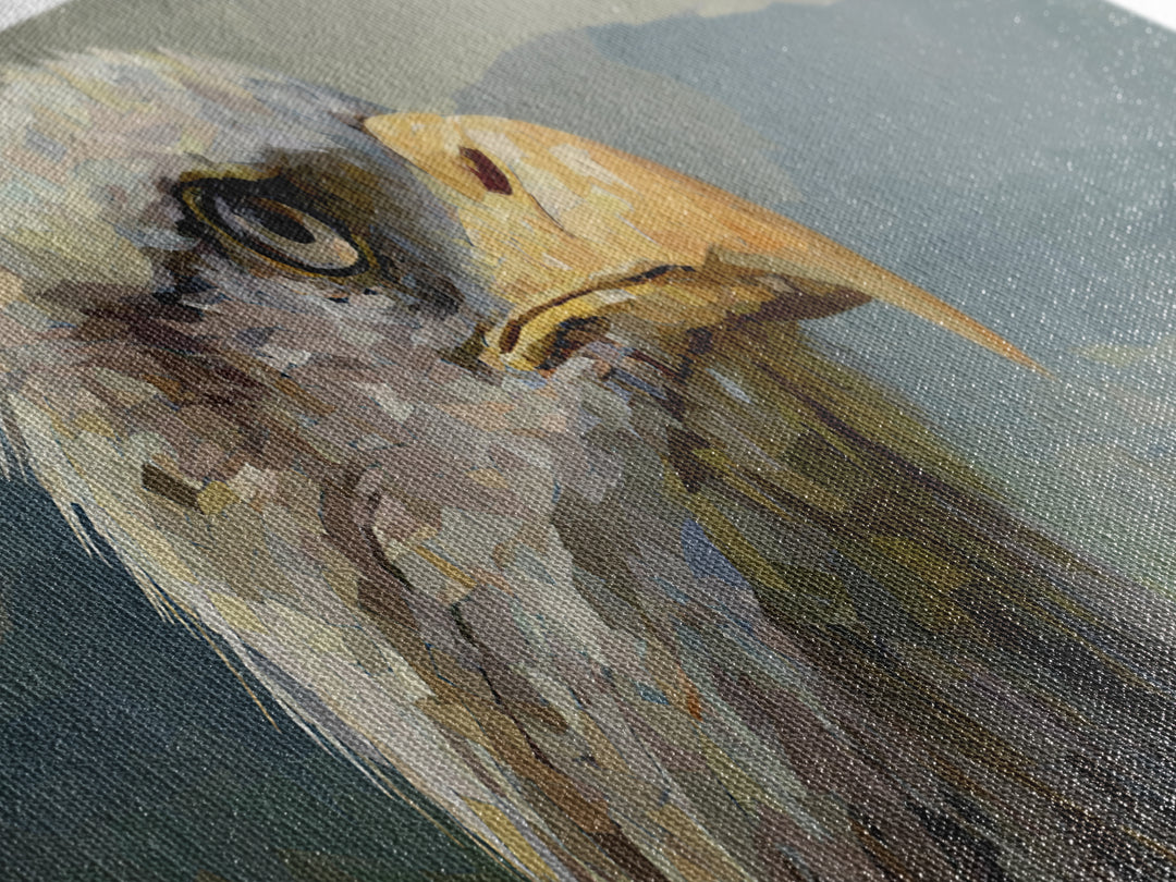 Eagle Portrait with Dramatic Mountain Wind Framed Canvas Print, Bird Art, Rustic Home Decor, Living Room Decor, Oil Painting, BIR-3x1-28