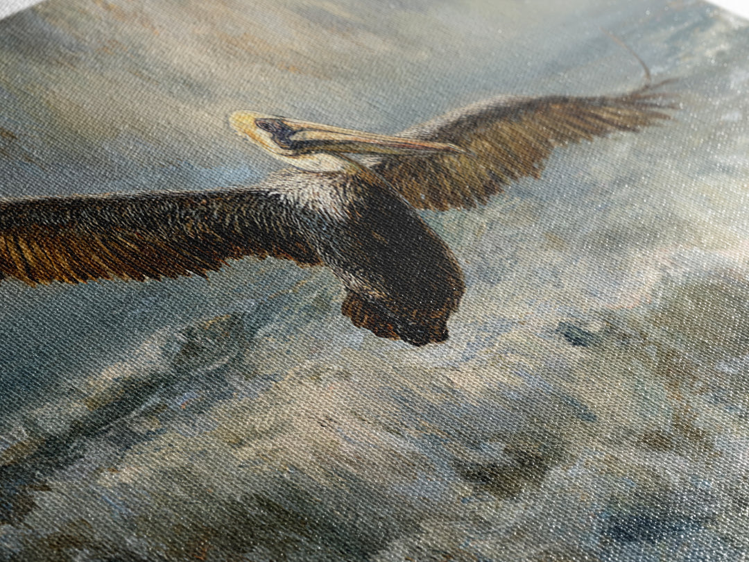 Pelican Flying over Coastal Waves Canvas Print, Bird Art, Original Art, Living Room Decor, Abstract Art, Flight, Mcm Decor, BIR-3x1-34