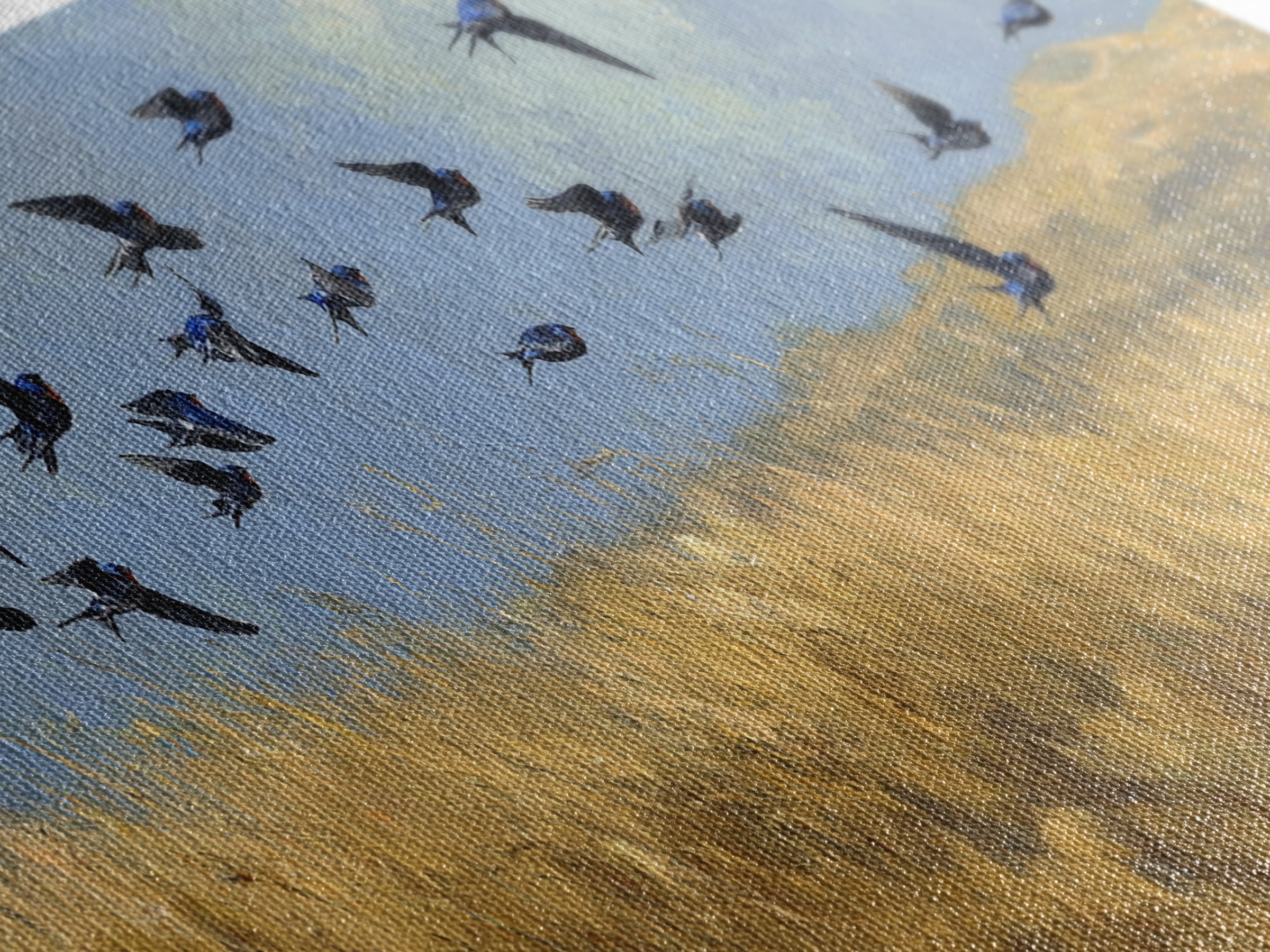 Flock of Swallows Sweeping Across Open Sky Canvas Print, Bird Art, Living Room Decor, Fine Art, Flight, Rustic Home Decor, BIR-3x1-46