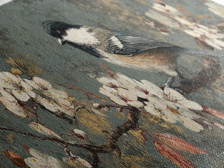 Songbird Perched on Cherry Blossoms Canvas Print, Bird Art, Art Print, Living Room Decor, Fine Art, Flight, Original Art, BIR-3x1-48