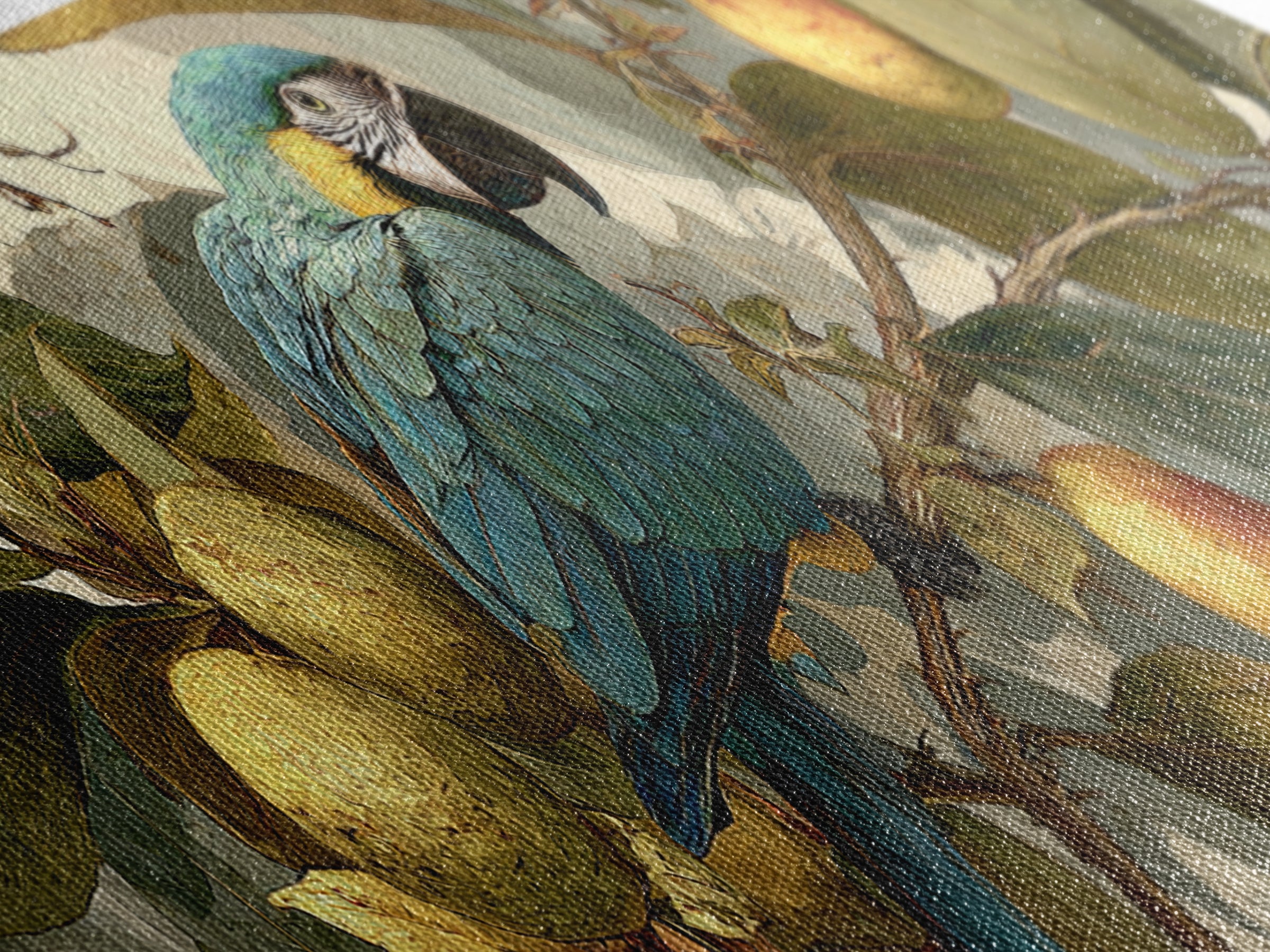 Parrot Among Tropical Leaves and Fruit Framed Canvas Print, Bird Art, Bird Prints, Living Room Decor, Fine Art, Flight, BIR-3x1-53