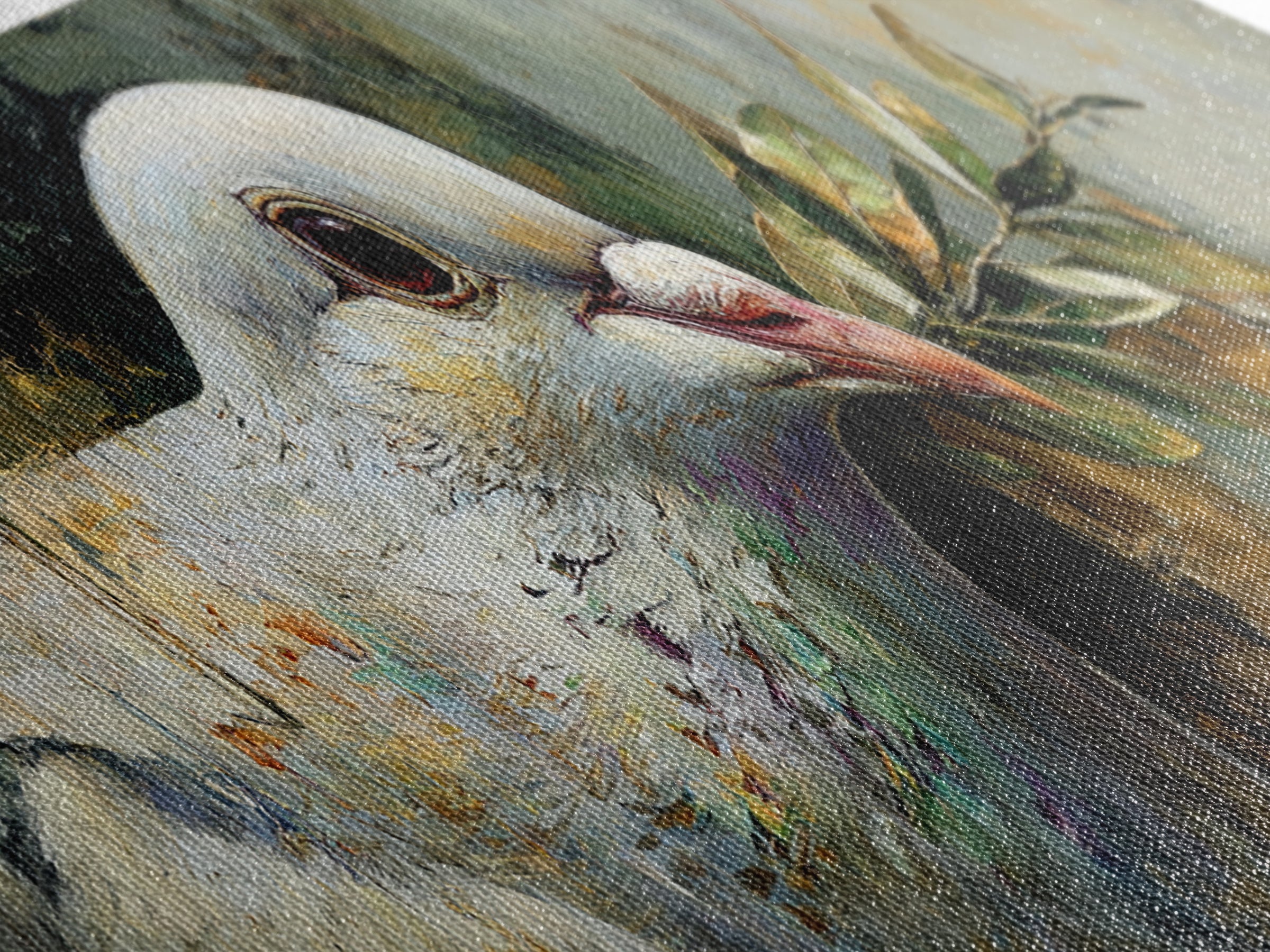 White Dove with Olive Branch and Calm Framed Canvas Print, Bird Art, Textured Painting, Living Room Decor, Oil Painting, Flight, BIR-3x1-56