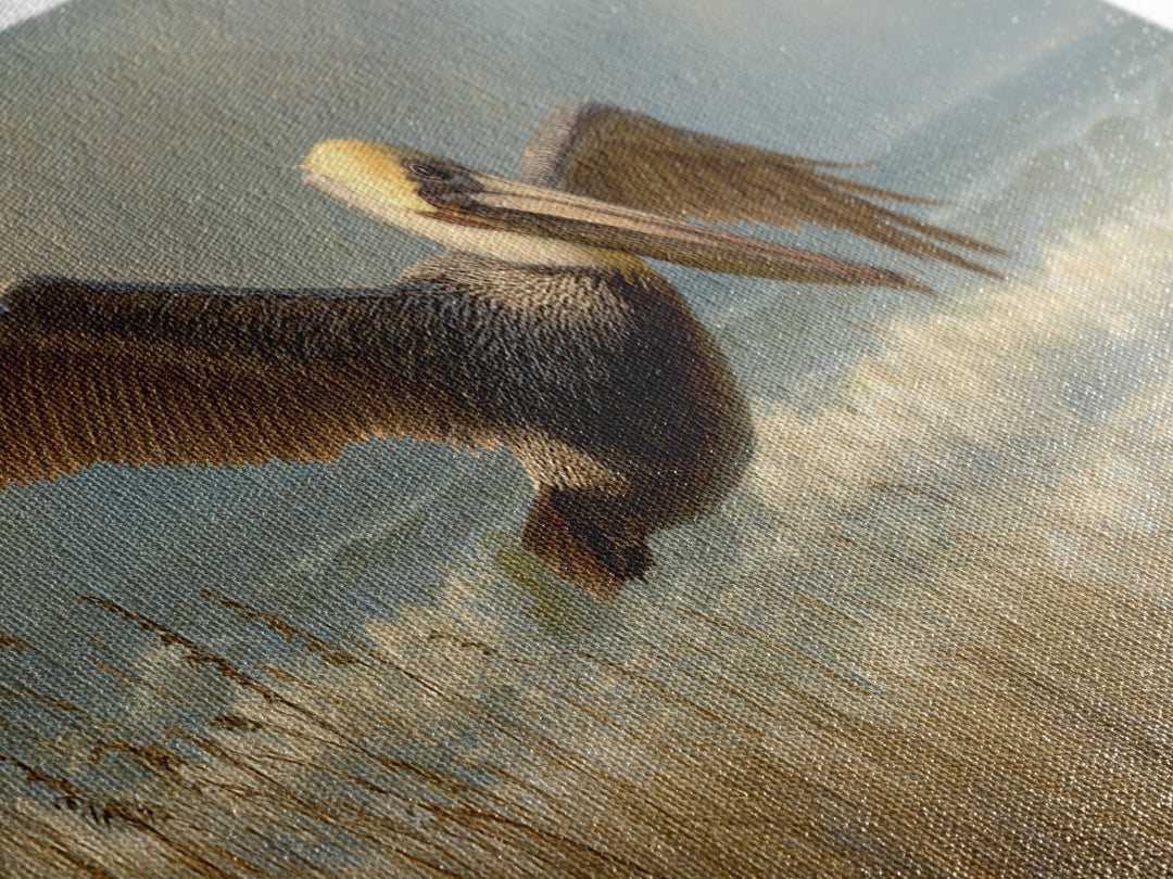 Pelican Flying over Coastal Waves Framed Canvas Print, Bird Art, Japanese Wall Art, Living Room Decor, Fine Art, Flight, BIR-3x1-58