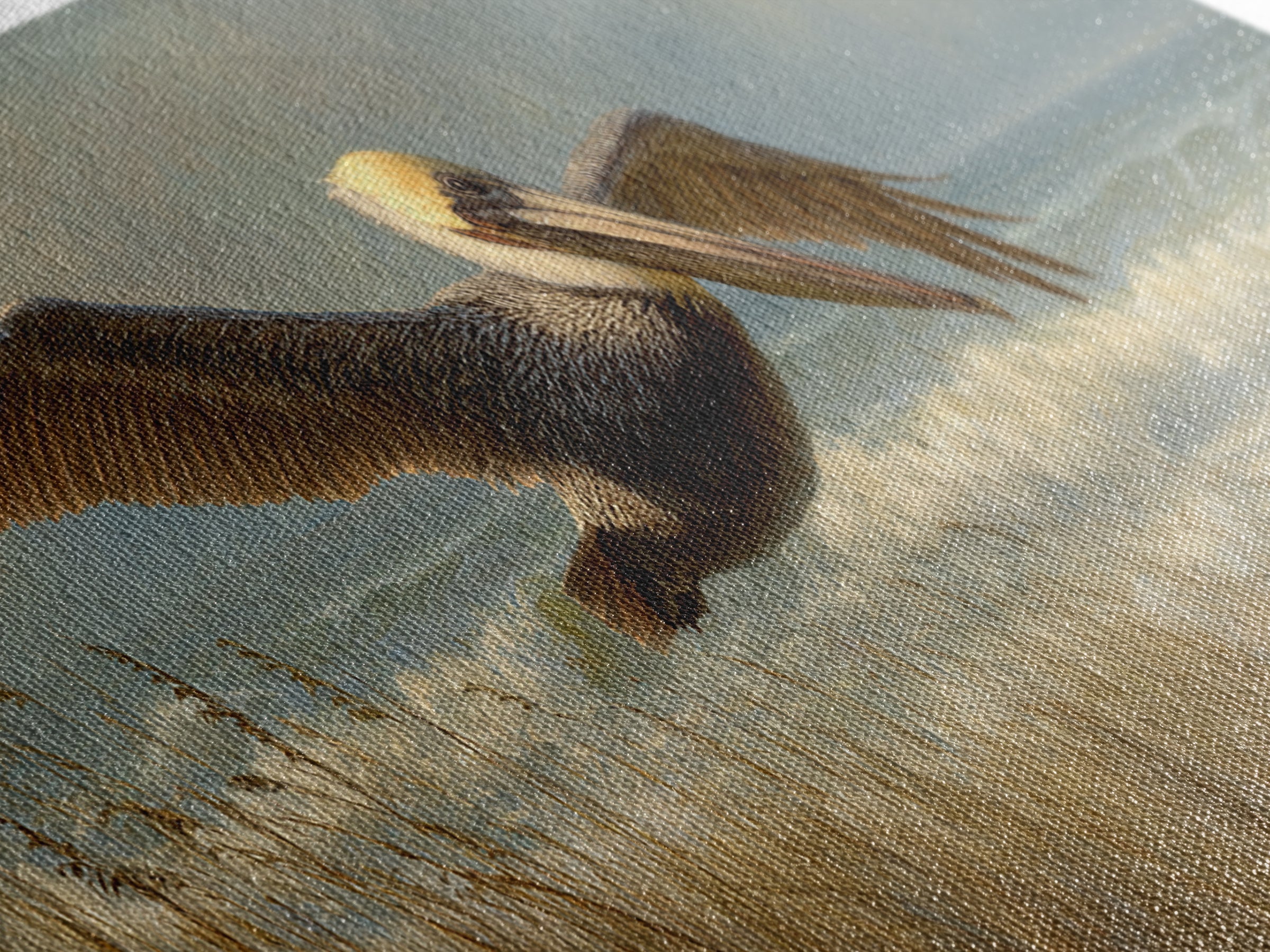 Pelican Flying over Coastal Waves Framed Canvas Print, Bird Art, Japanese Wall Art, Living Room Decor, Fine Art, Flight, BIR-3x1-58