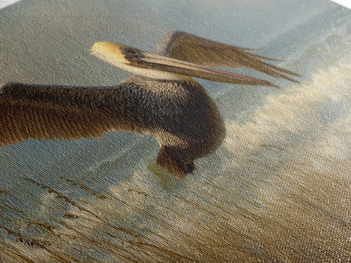 Pelican Flying over Coastal Waves Framed Canvas Print, Bird Art, Japanese Wall Art, Living Room Decor, Fine Art, Flight, BIR-3x1-58