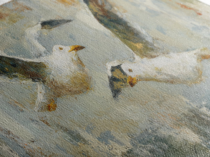 Seagulls Above a Pale Beach Horizon Framed Canvas Print, Bird Art, Boho Decor, Living Room Decor, Oil Painting, Flight, BIR-3x1-60