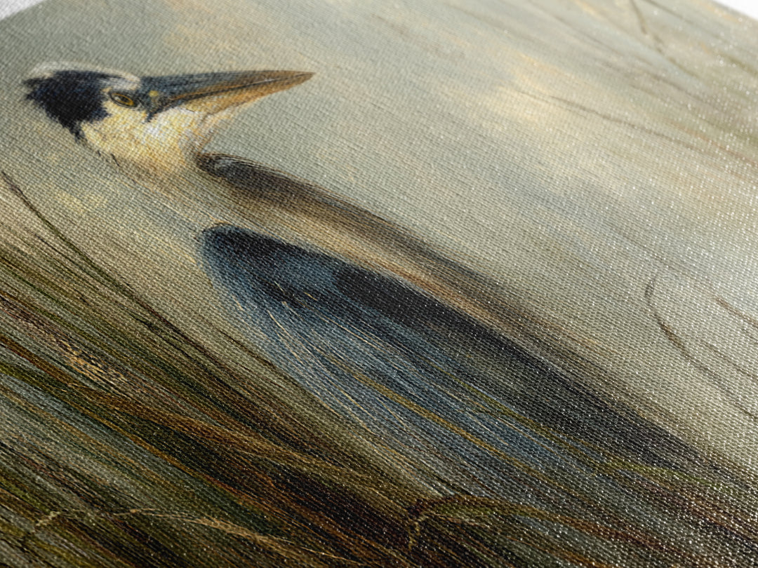 Blue Heron in Misty Marsh Grass Canvas Print, Bird Art, Boho Wall Decor, Living Room Decor, Fine Art, Flight, Nature Wall Art, BIR-3x1-66