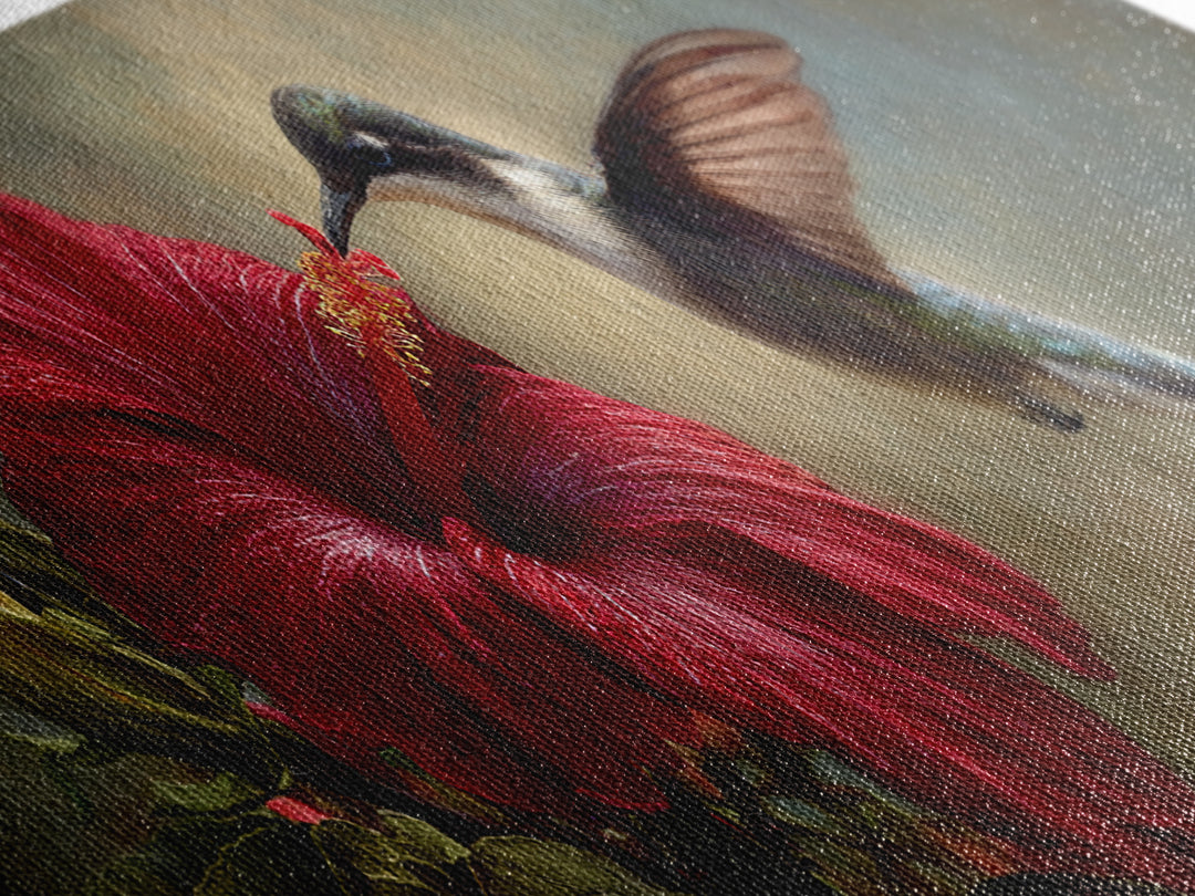 Hummingbird Hovering Beside Bright Hibiscus Framed Canvas Print, Bird Art, Living Room Decor, Watercolor Art, Flight, BIR-3x1-68