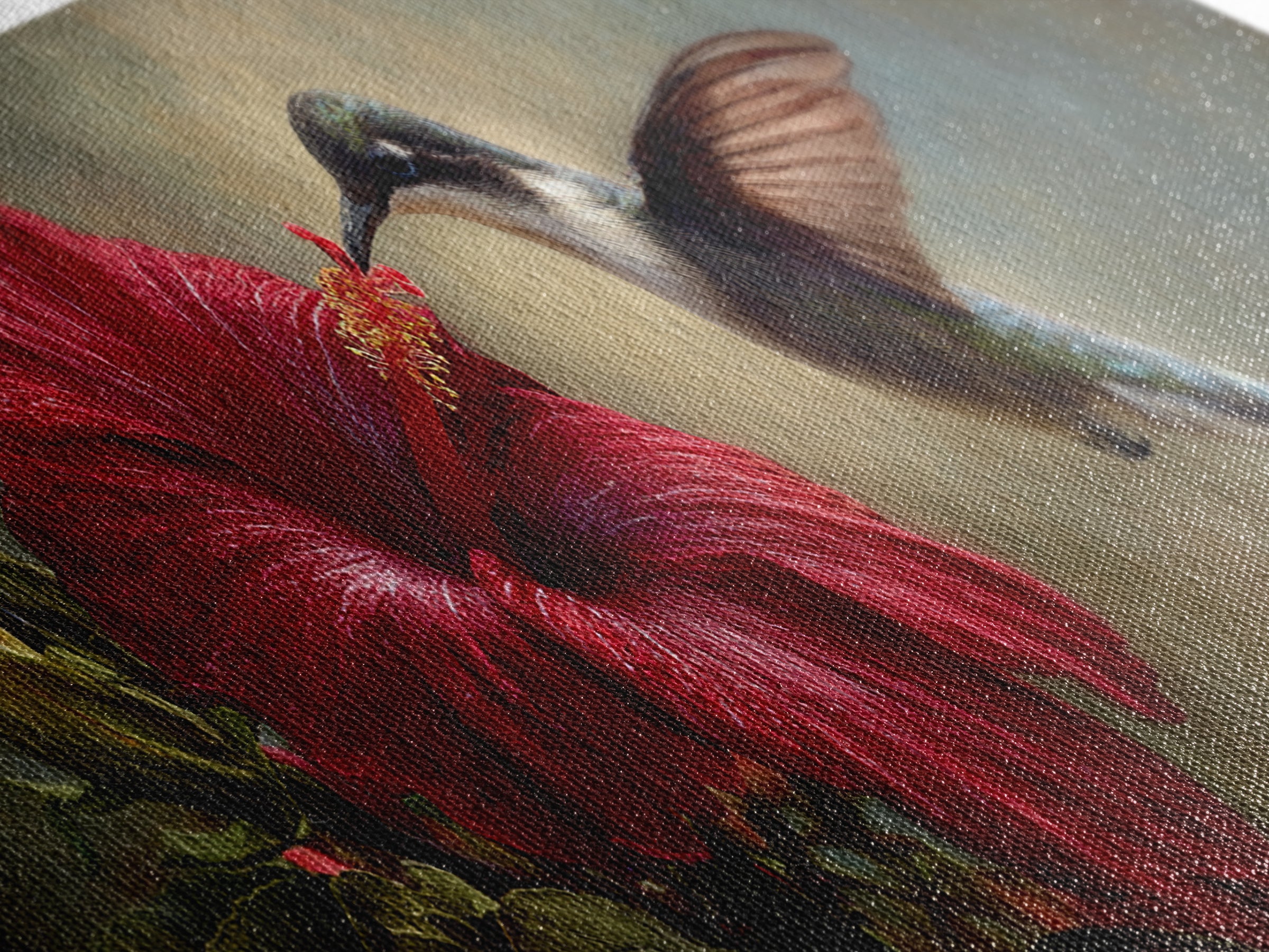 Hummingbird Hovering Beside Bright Hibiscus Framed Canvas Print, Bird Art, Living Room Decor, Watercolor Art, Flight, BIR-3x1-68